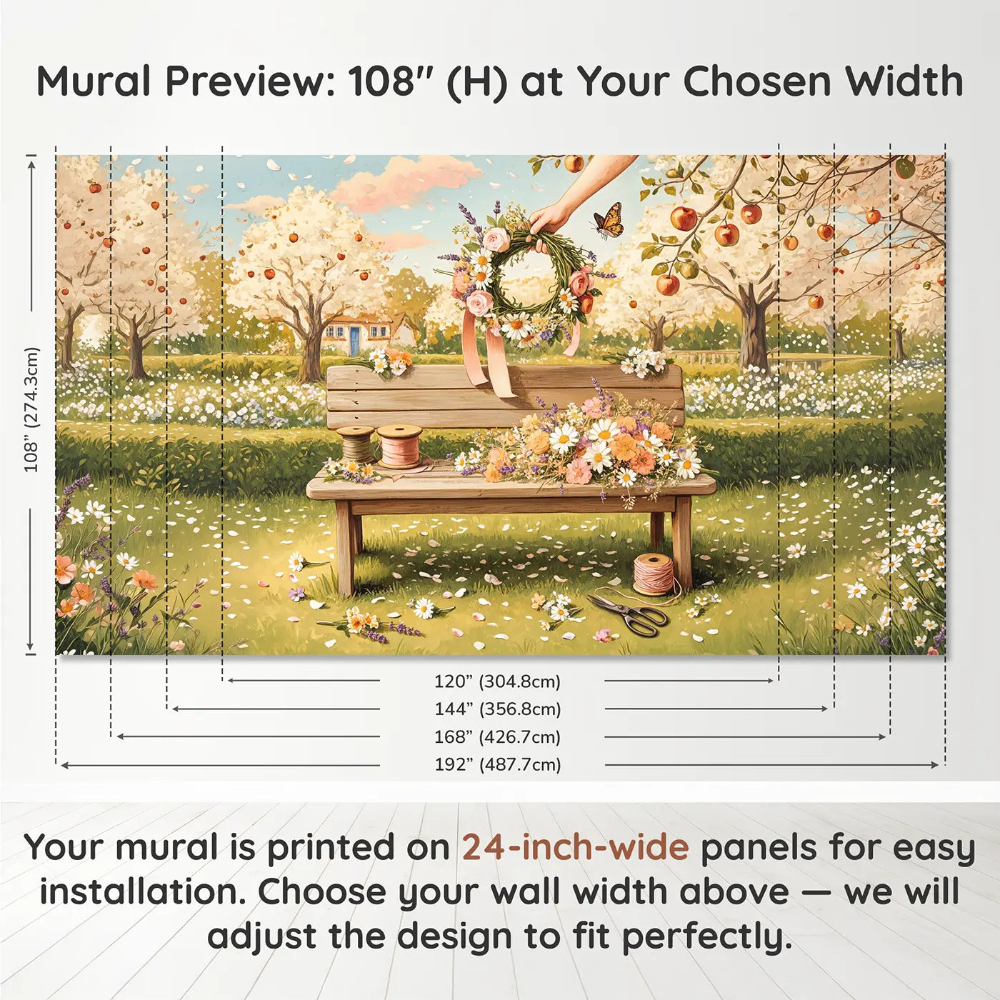 Panel layout and dimensions for Apple Tree Flower Crown Wallpaper Mural by Whimsy Tots