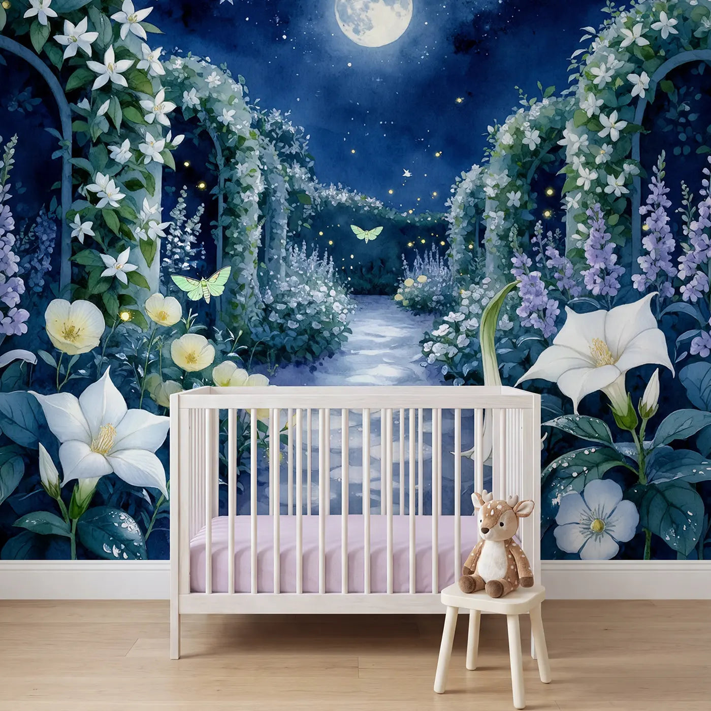 watercolor moonlit night bloom garden mural for girls nursery by Whimsy Tots