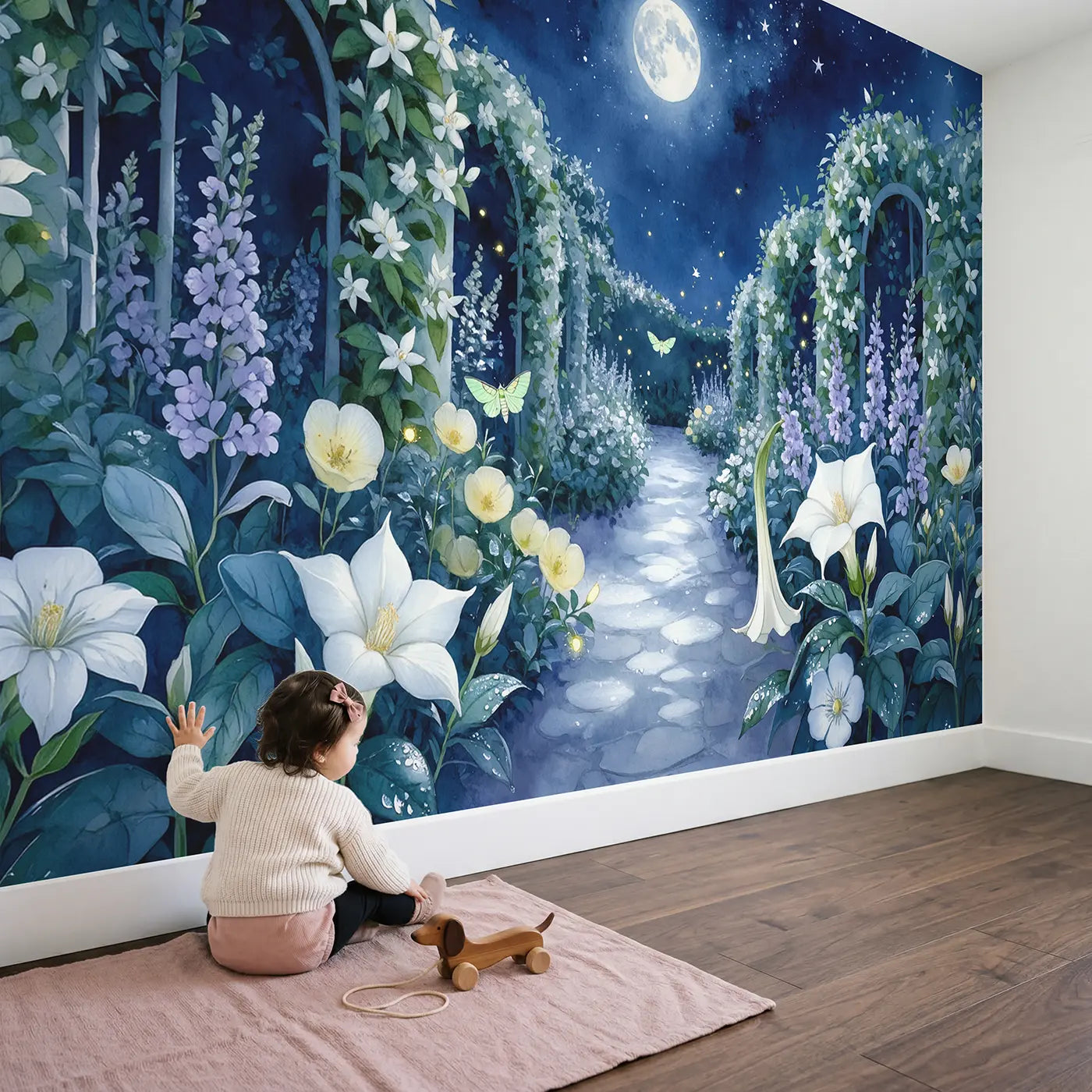 Child in nursery with Moonlit Night Bloom Garden Wallpaper Mural by Whimsy Tots