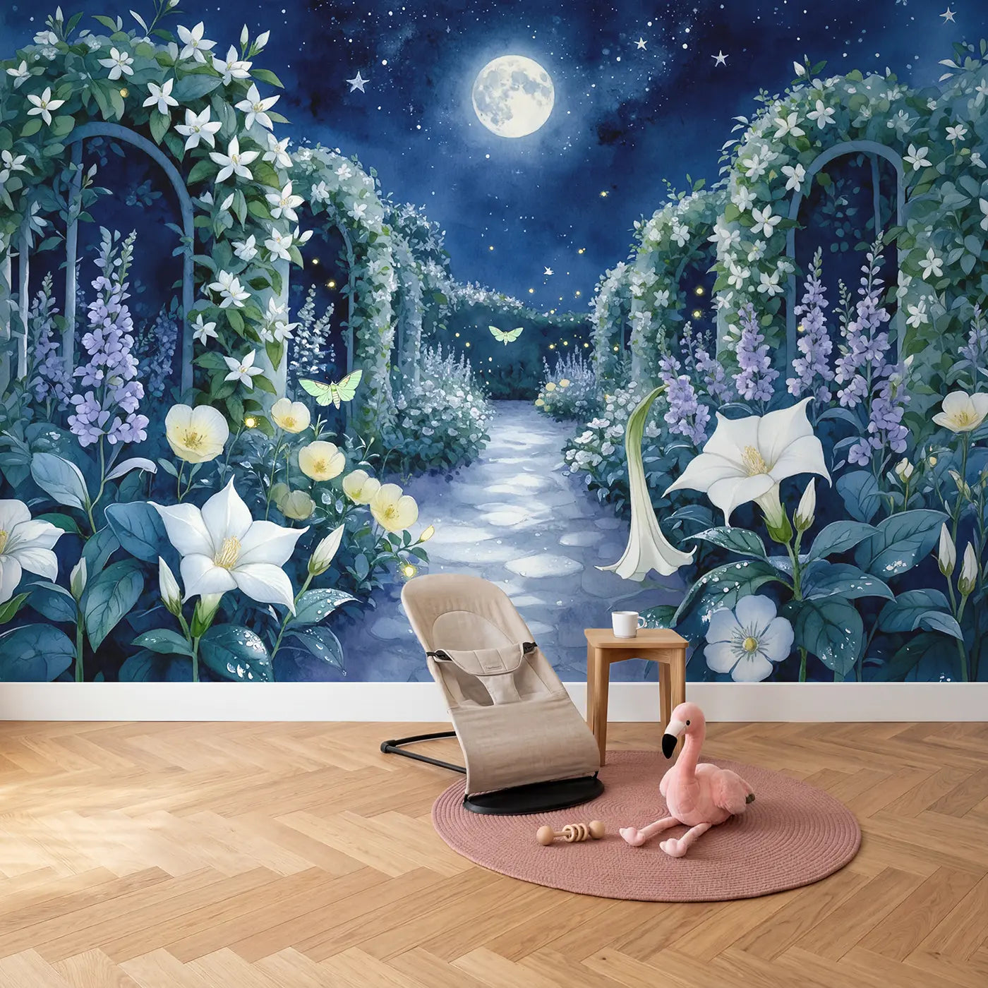 Moonlit Night Bloom Garden Wallpaper Mural in playroom setting by Whimsy Tots