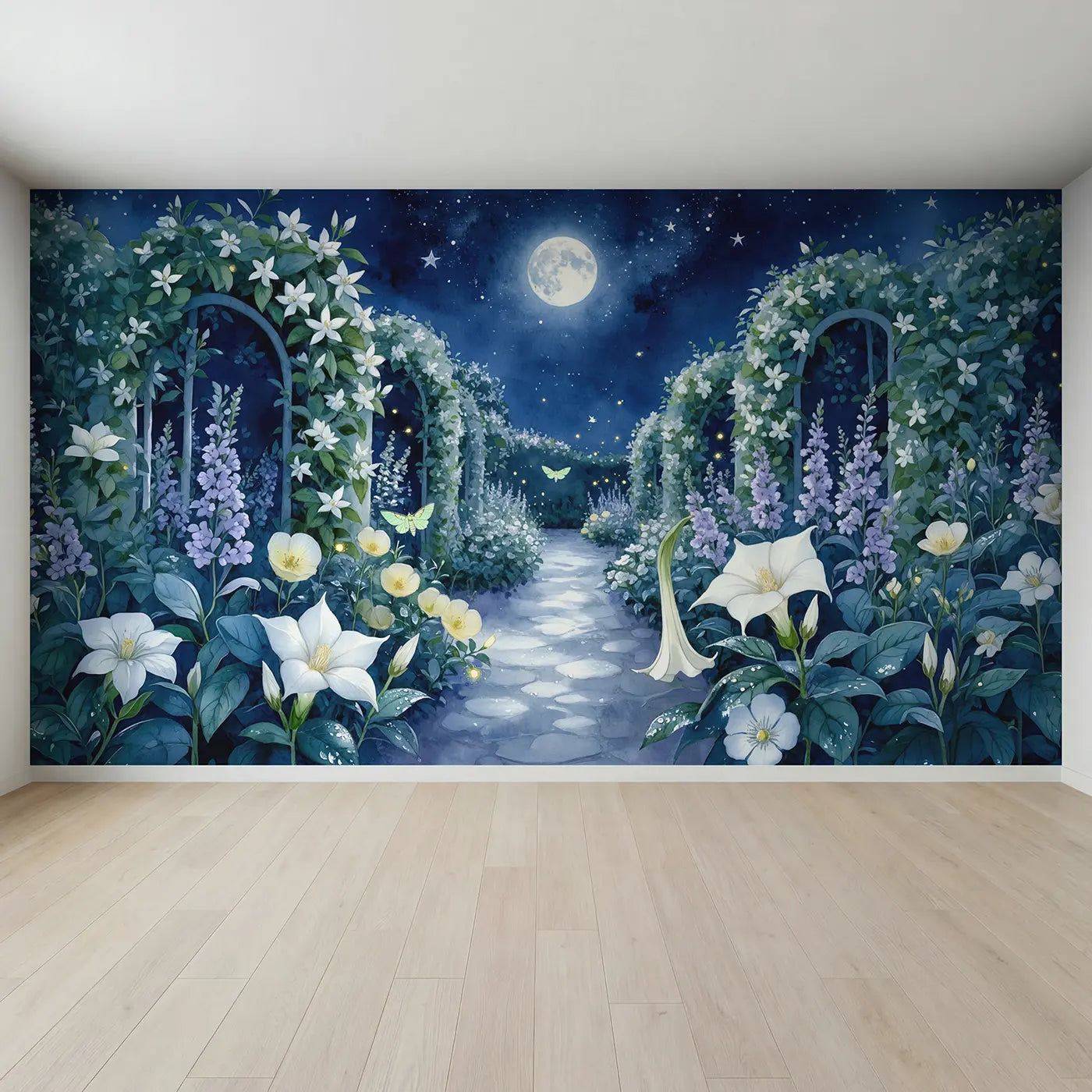 Full view of Moonlit Night Bloom Garden Wallpaper Mural by Whimsy Tots