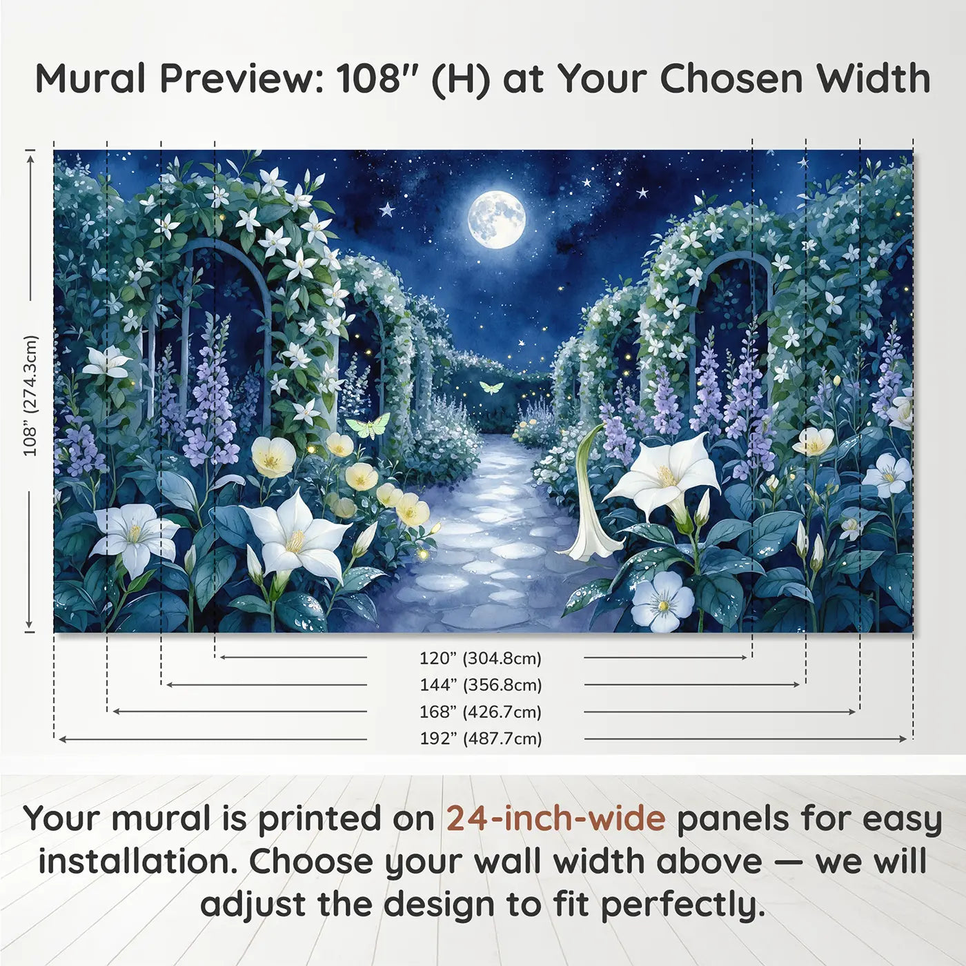 Panel layout and dimensions for Moonlit Night Bloom Garden Wallpaper Mural by Whimsy Tots