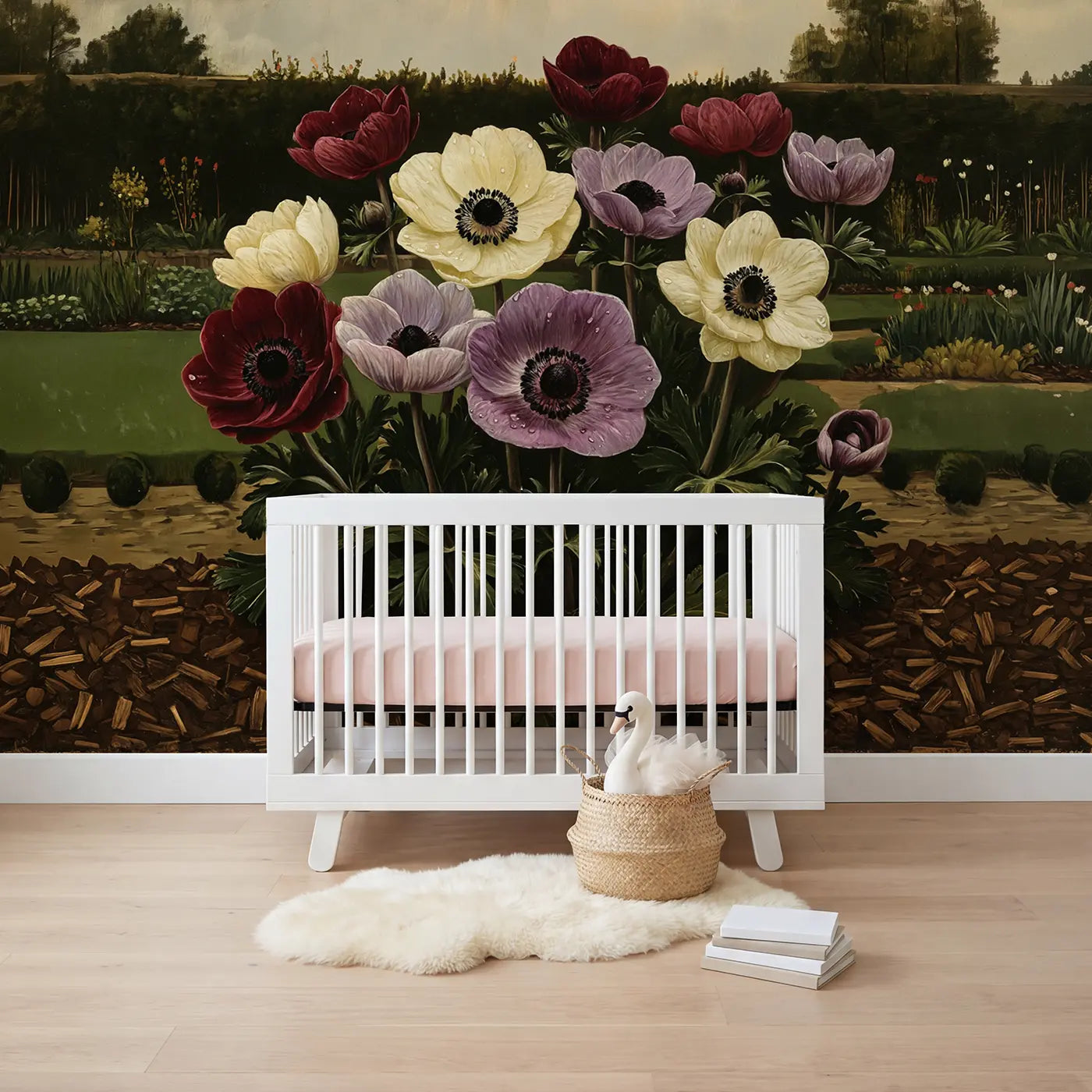 painted landscape moody anemone garden mural for girls nursery by Whimsy Tots