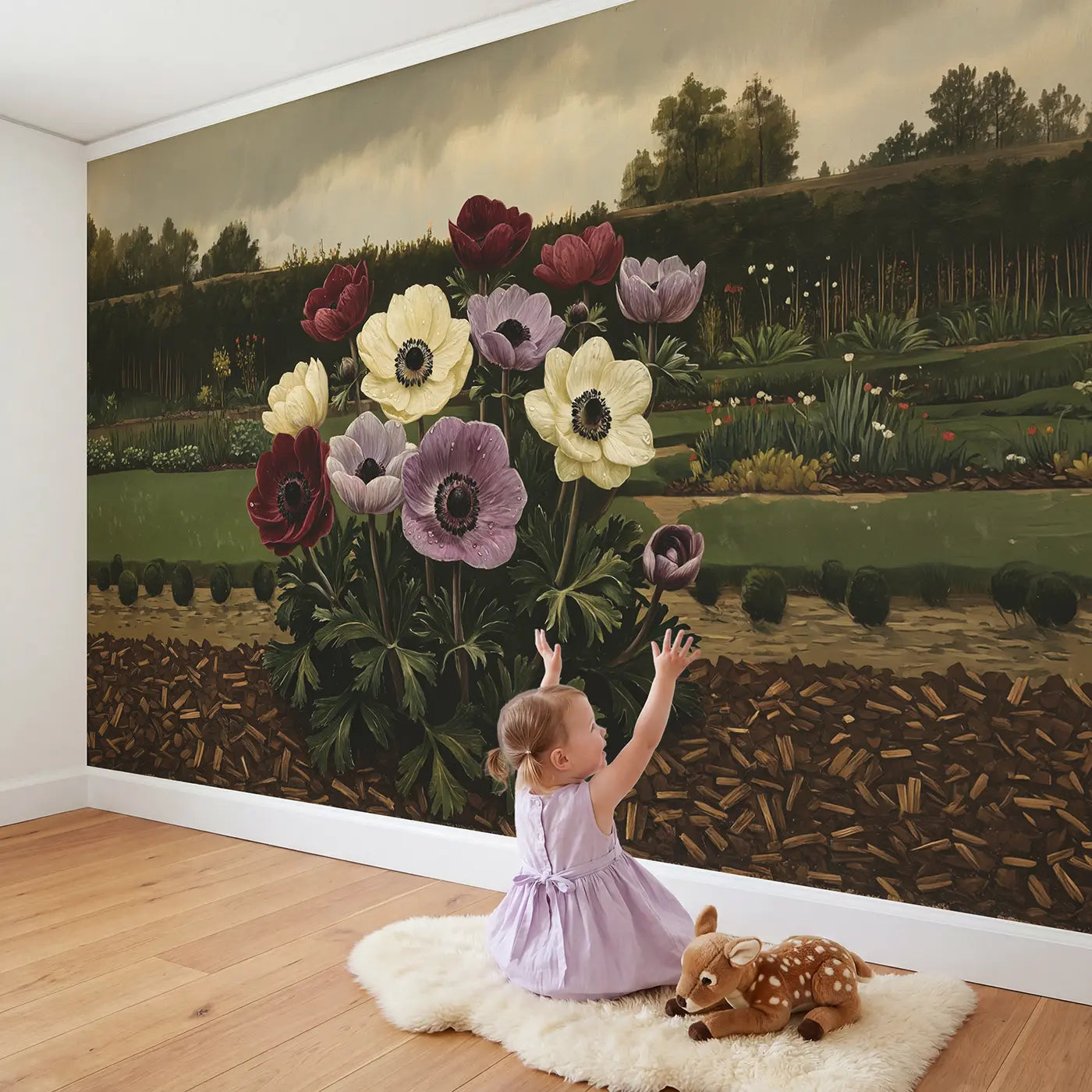 Child in nursery with Moody Anemone Garden Dark Tones Wallpaper Mural by Whimsy Tots