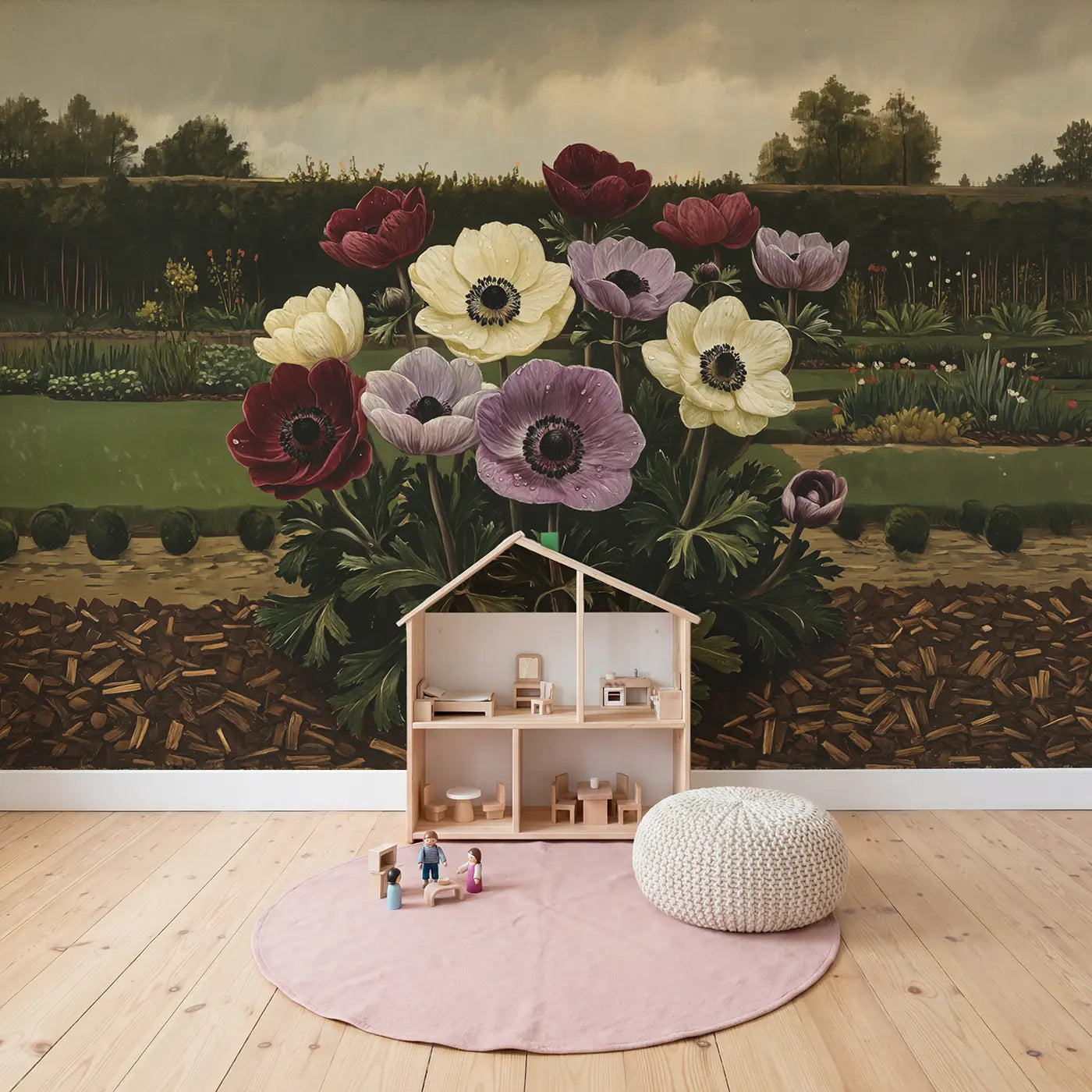 Moody Anemone Garden Dark Tones Wallpaper Mural in playroom setting by Whimsy Tots