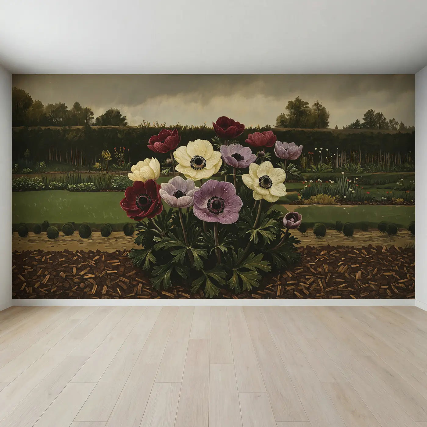 Full view of Moody Anemone Garden Dark Tones Wallpaper Mural by Whimsy Tots