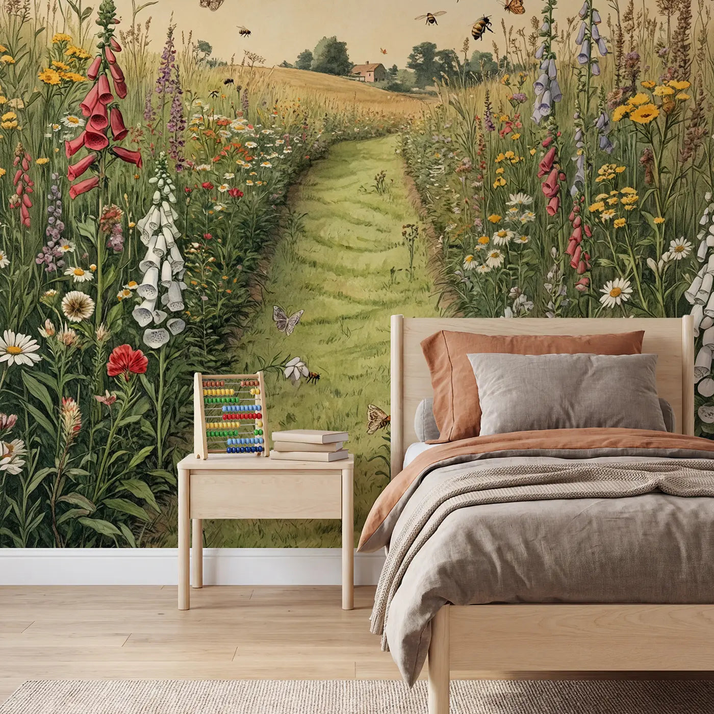 storybook wildflower meadow mowed path wallpaper mural for kids room by Whimsy Tots