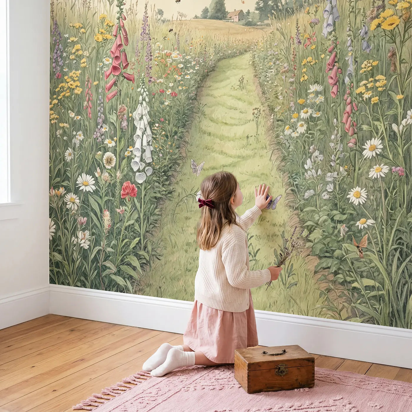 Child in nursery with Wildflower Meadow Mowed Path Wallpaper Mural by Whimsy Tots