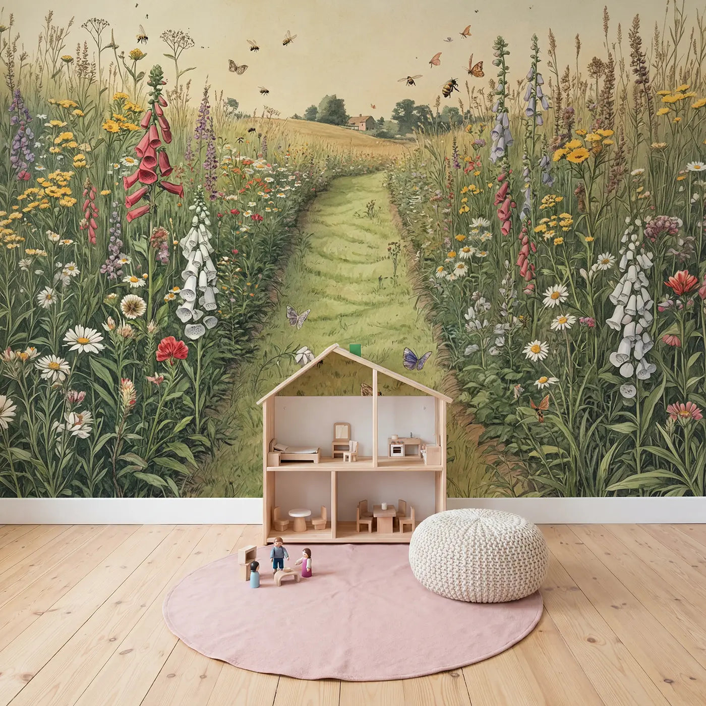 Wildflower Meadow Mowed Path Wallpaper Mural in playroom setting by Whimsy Tots