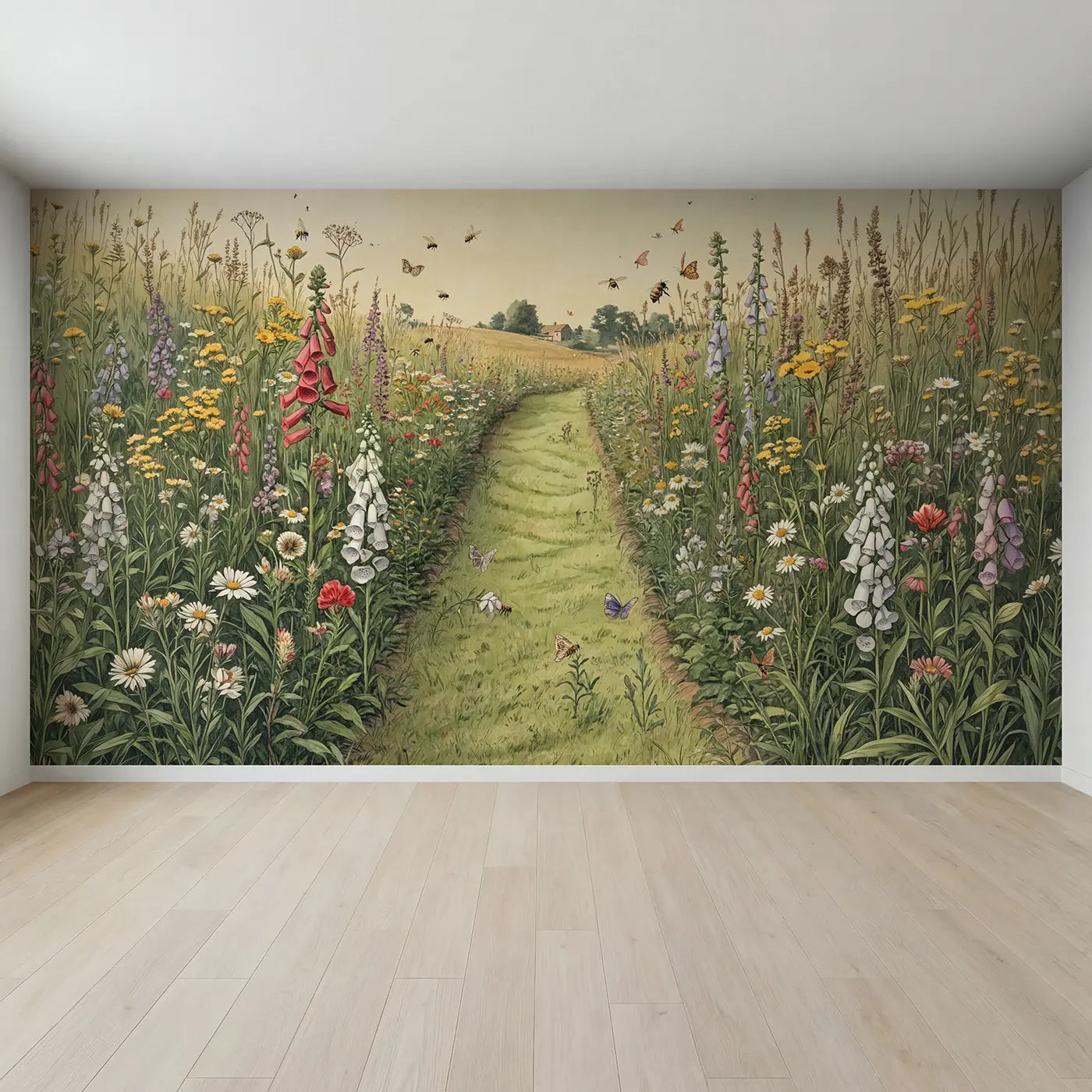 Full view of Wildflower Meadow Mowed Path Wallpaper Mural by Whimsy Tots