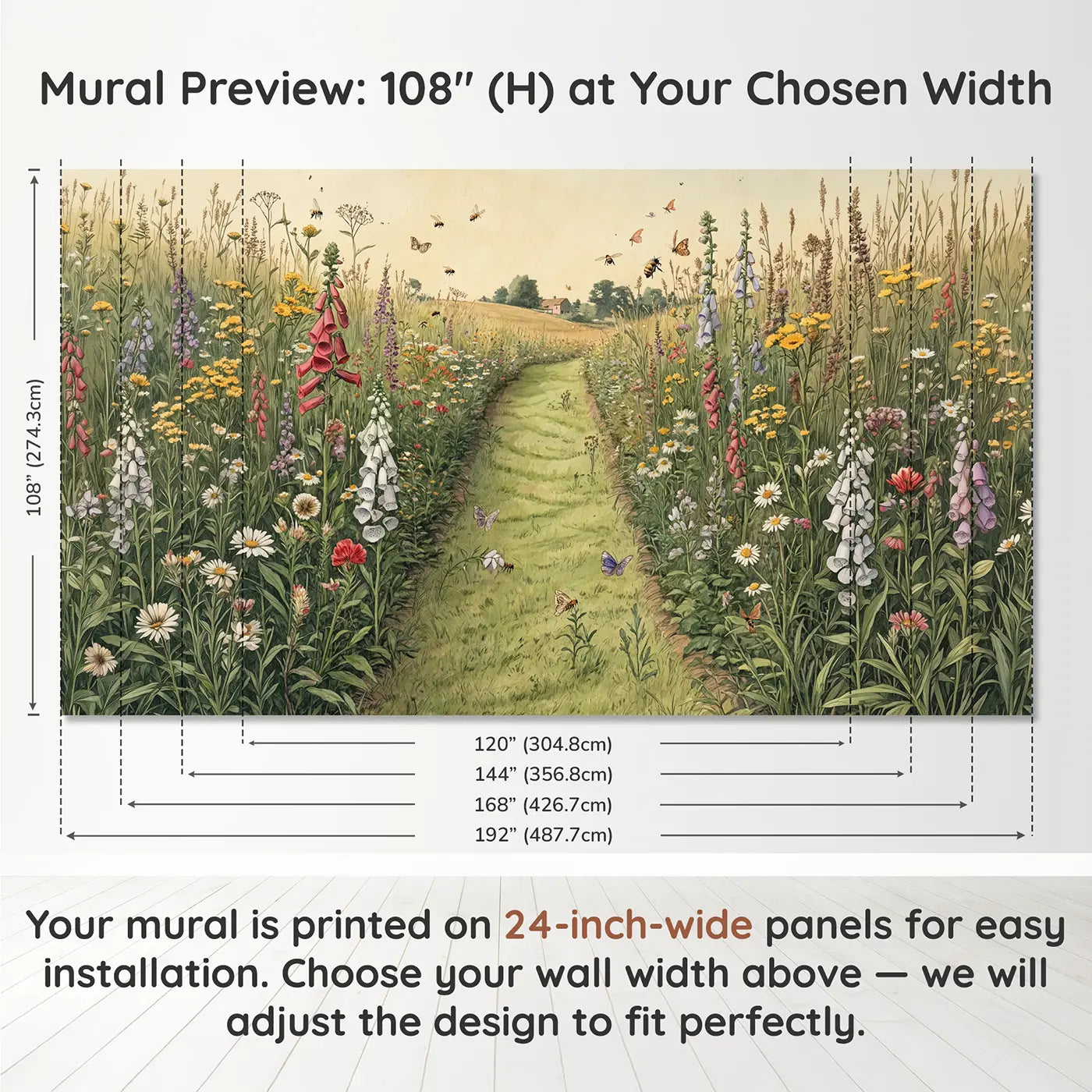 Panel layout and dimensions for Wildflower Meadow Mowed Path Wallpaper Mural by Whimsy Tots