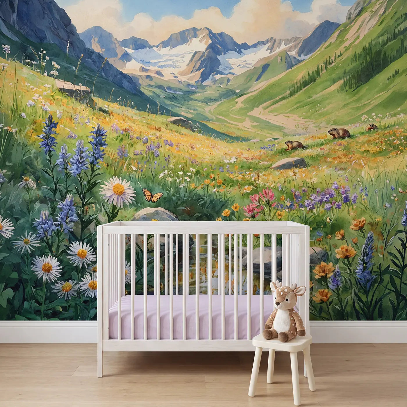Watercolor wildflower and meadow wallpaper mural for nursery by Whimsy Tots
