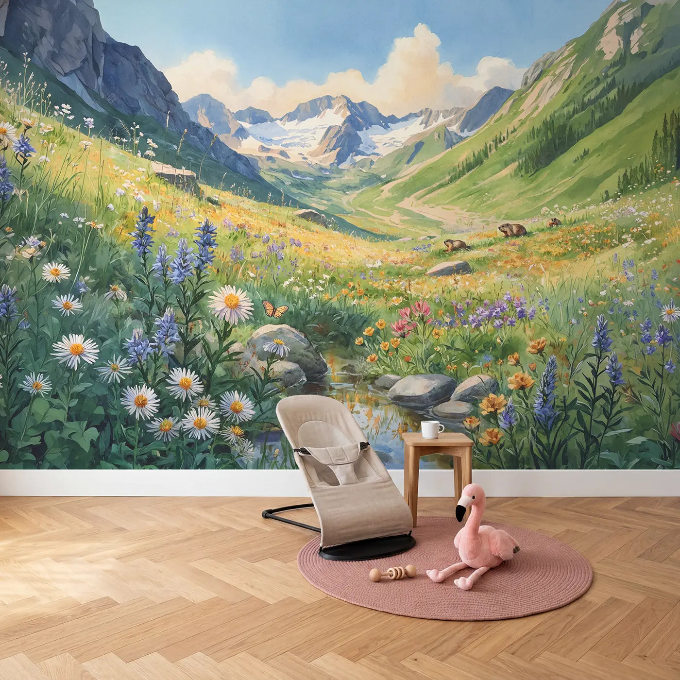 Alpine Wildflower Meadow Wallpaper Mural in playroom setting by Whimsy Tots