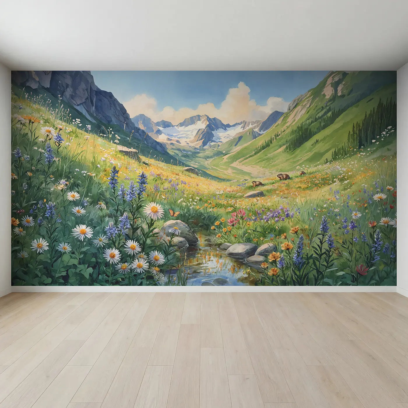 Full view of Alpine Wildflower Meadow Wallpaper Mural by Whimsy Tots