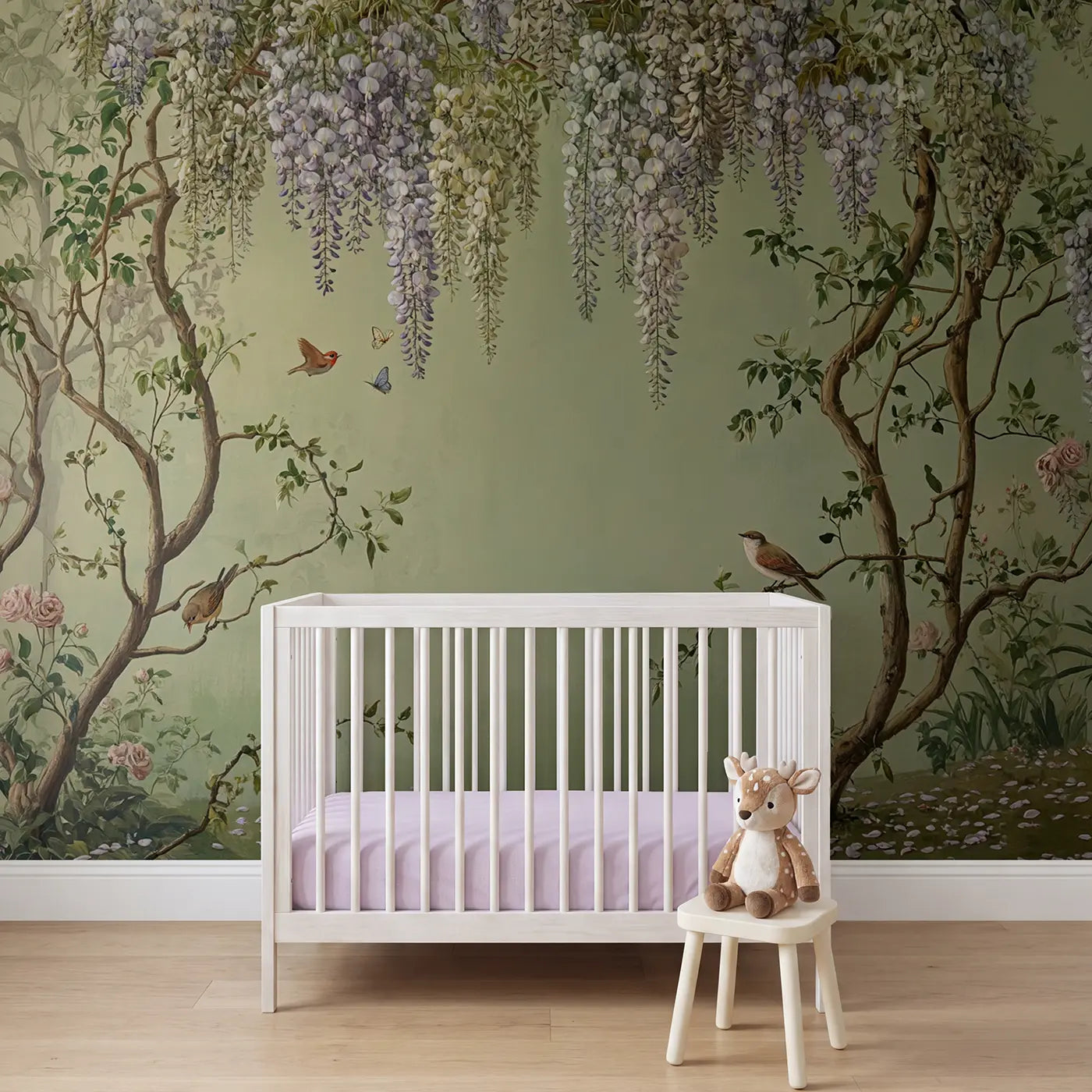 Botanical elegance wisteria and bird meadow wallpaper mural for kids room by Whimsy Tots