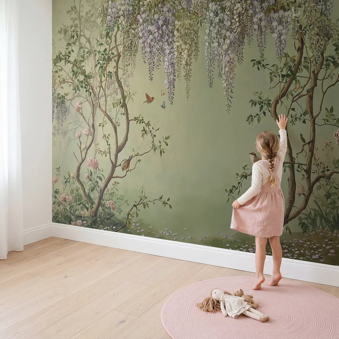 Child in nursery with Trailing Wisteria Chinoiserie Wallpaper Mural by Whimsy Tots