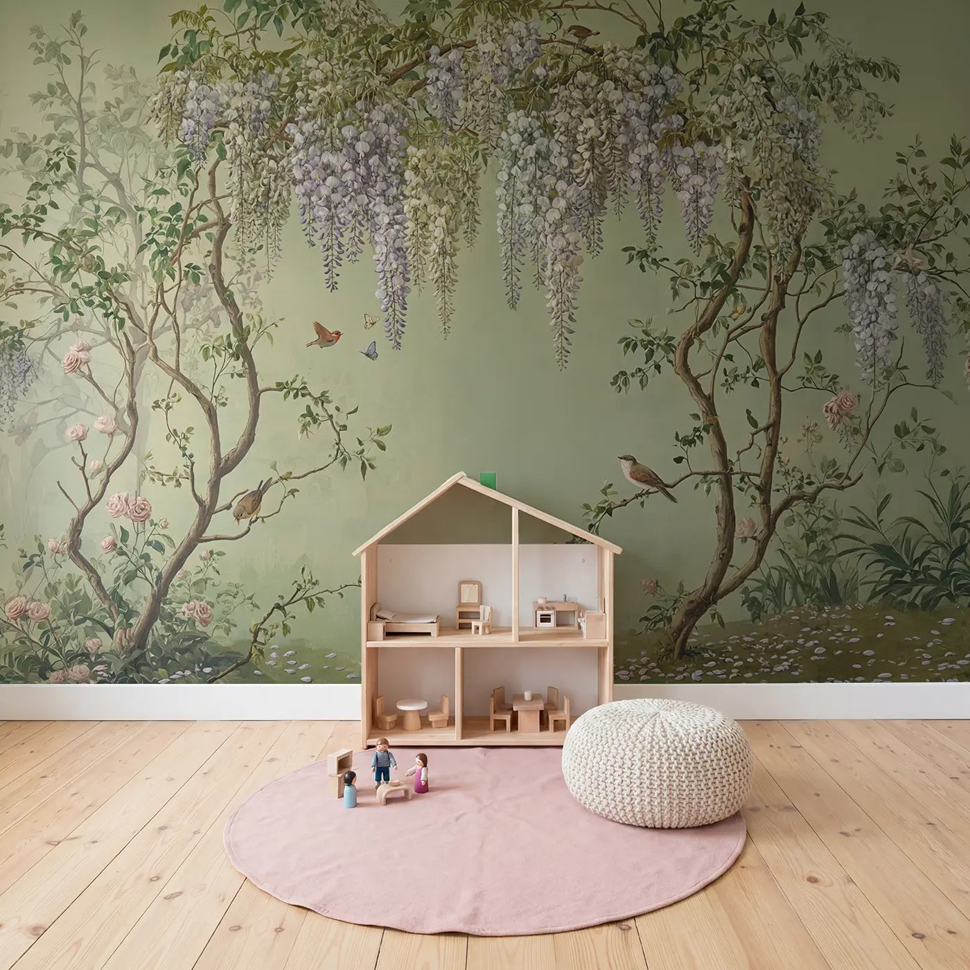 Trailing Wisteria Chinoiserie Wallpaper Mural in playroom setting by Whimsy Tots
