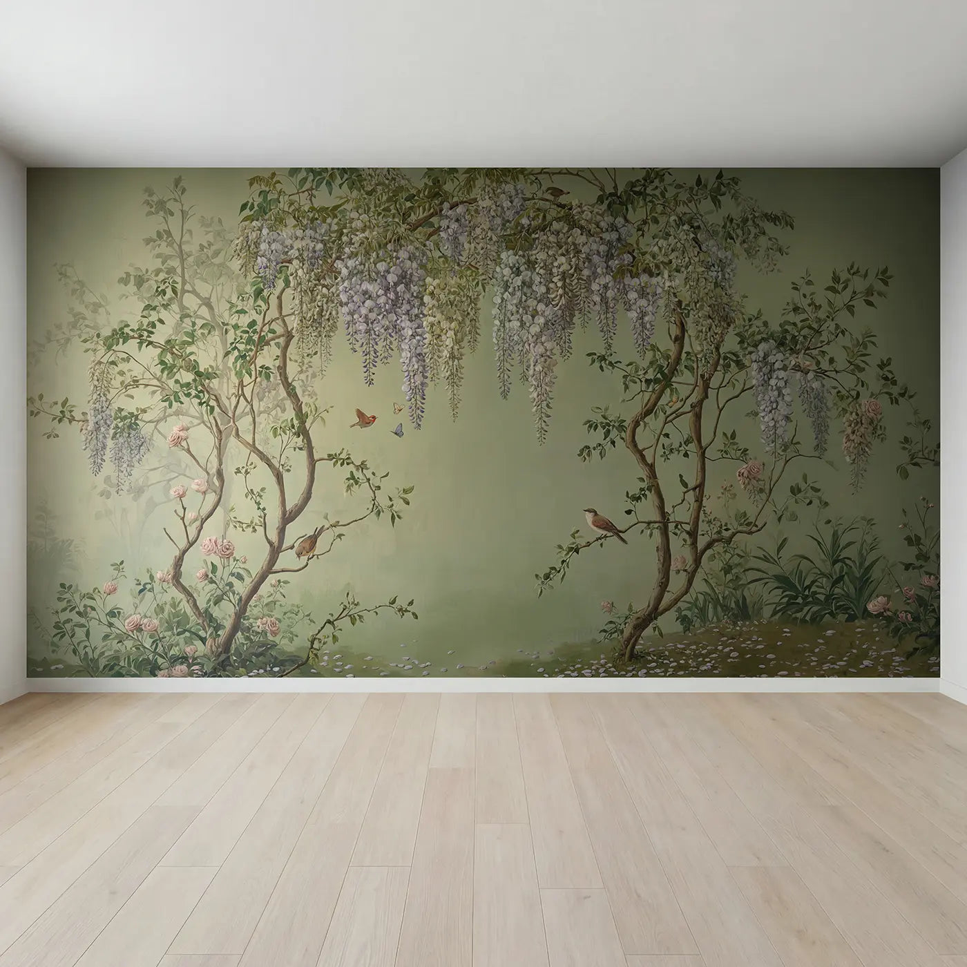 Full view of Trailing Wisteria Chinoiserie Wallpaper Mural by Whimsy Tots
