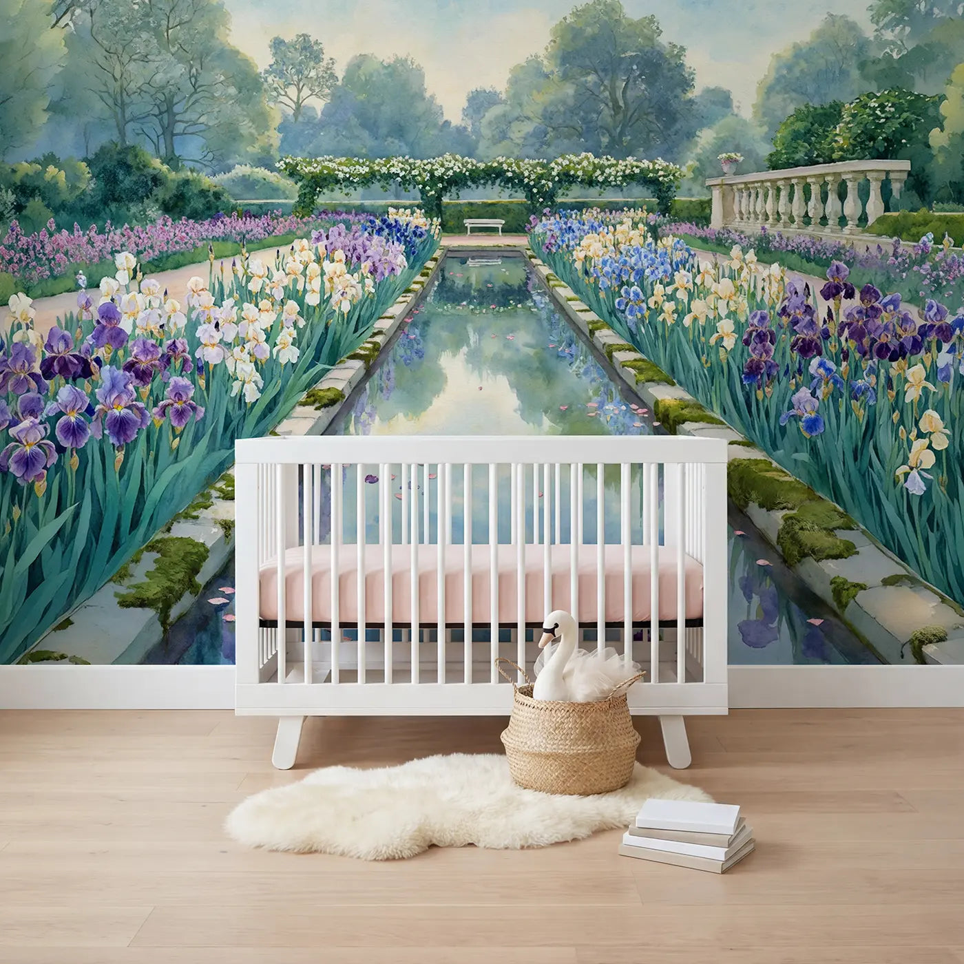 Watercolor iris garden reflection pool wallpaper mural for girls nursery by Whimsy Tots