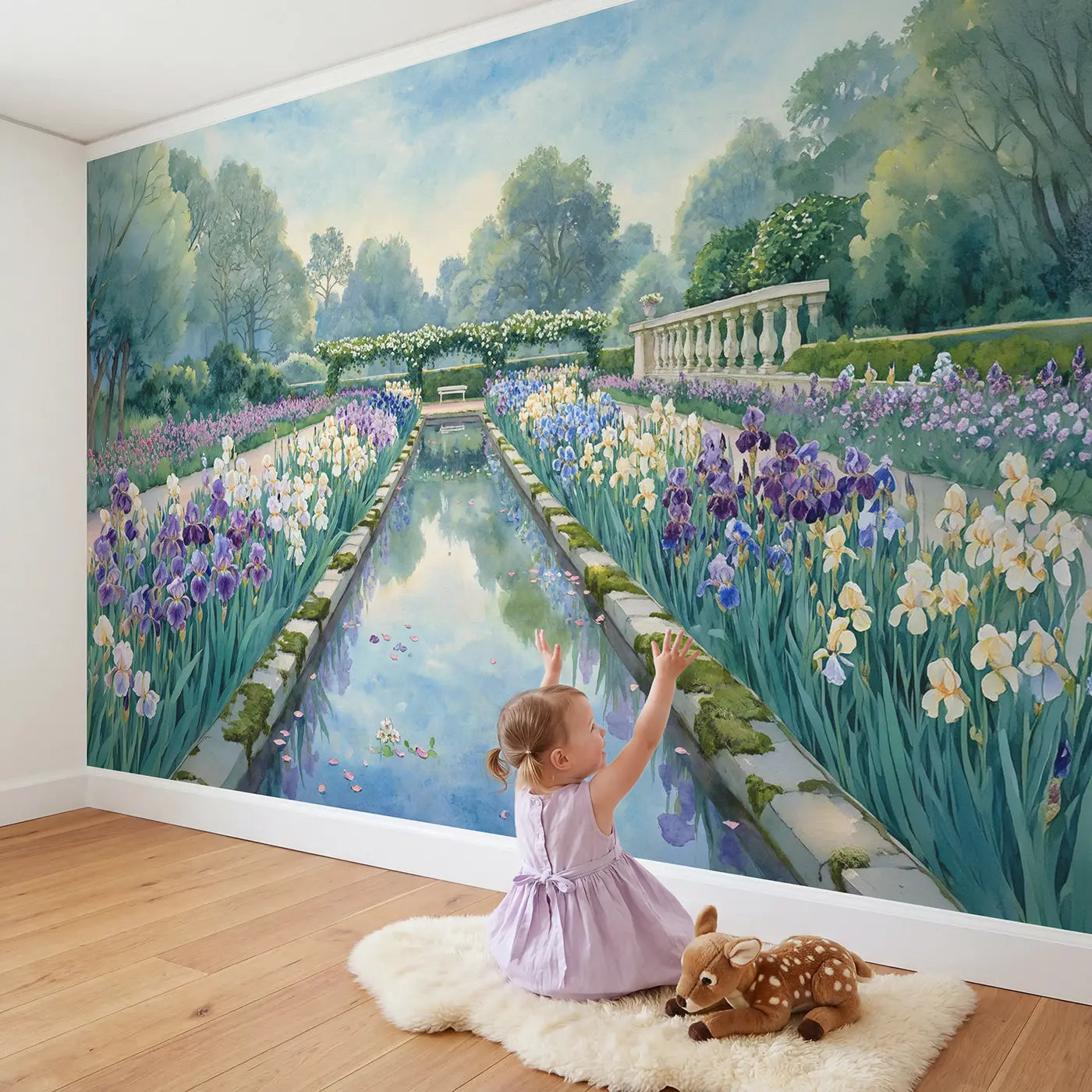 Child in nursery with Iris Garden Reflection Wallpaper Mural by Whimsy Tots