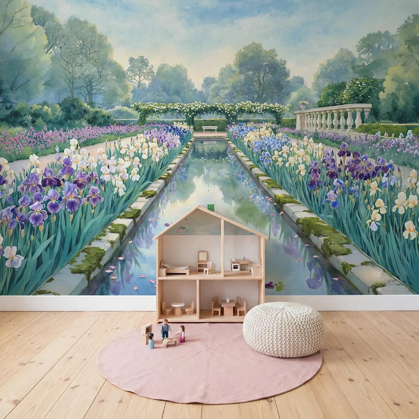 Iris Garden Reflection Wallpaper Mural in playroom setting by Whimsy Tots