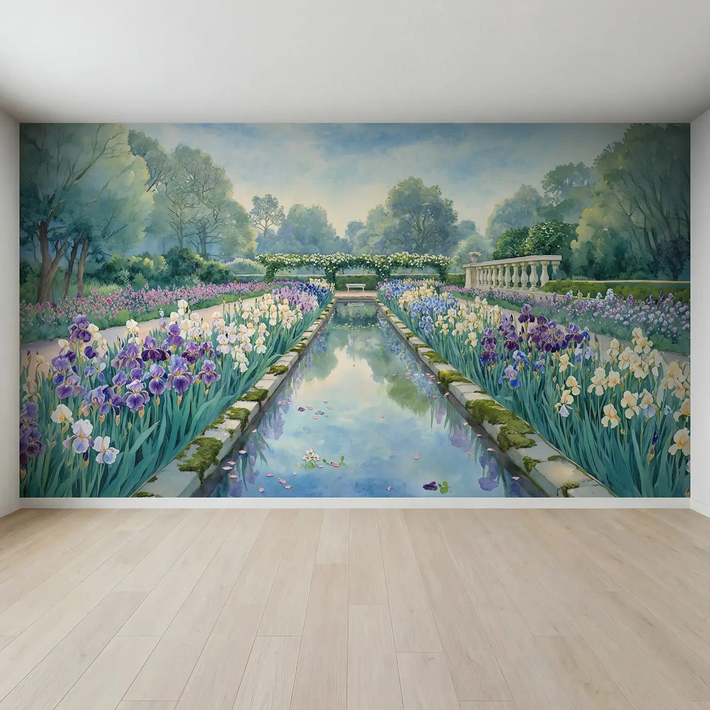 Full view of Iris Garden Reflection Wallpaper Mural by Whimsy Tots