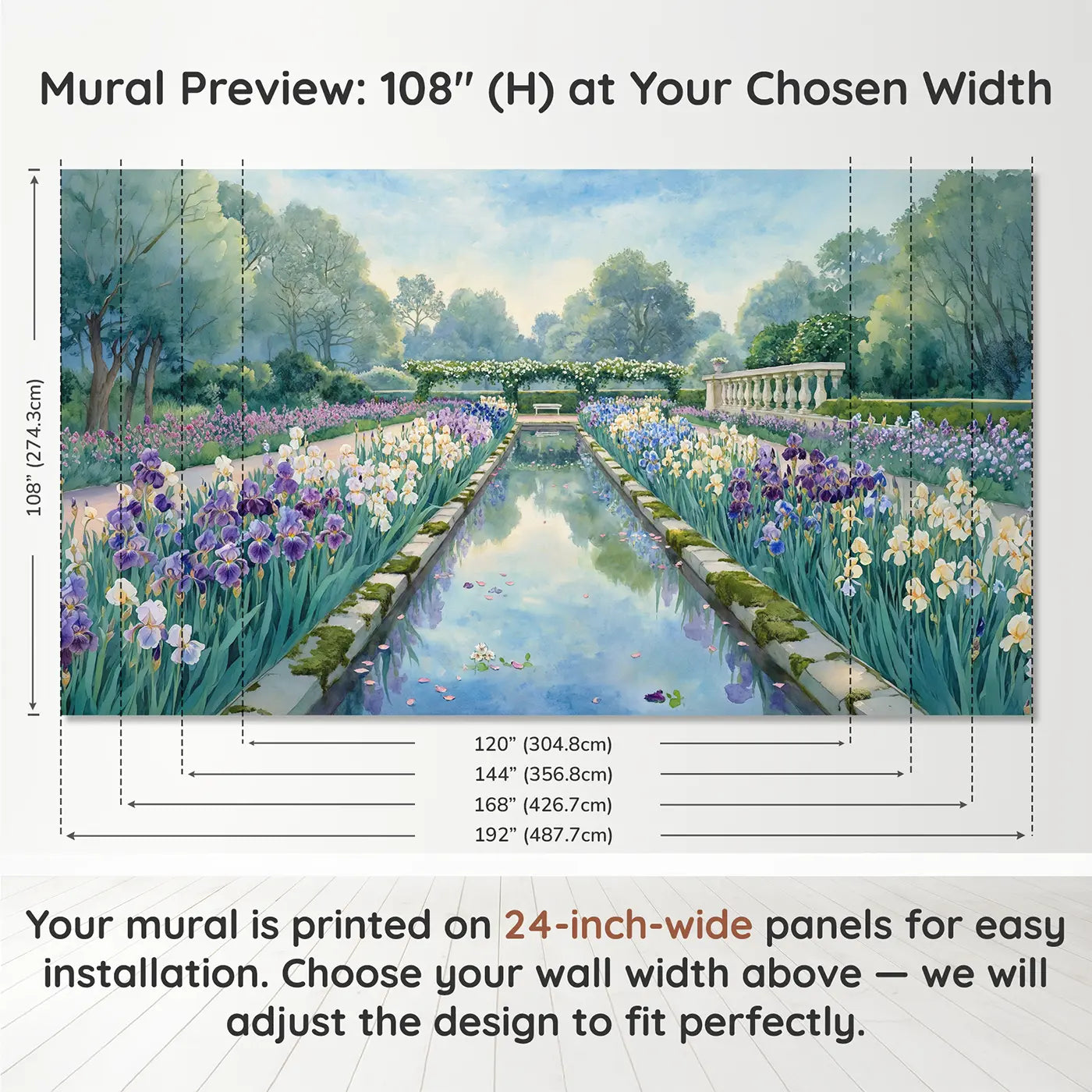 Panel layout and dimensions for Iris Garden Reflection Wallpaper Mural by Whimsy Tots