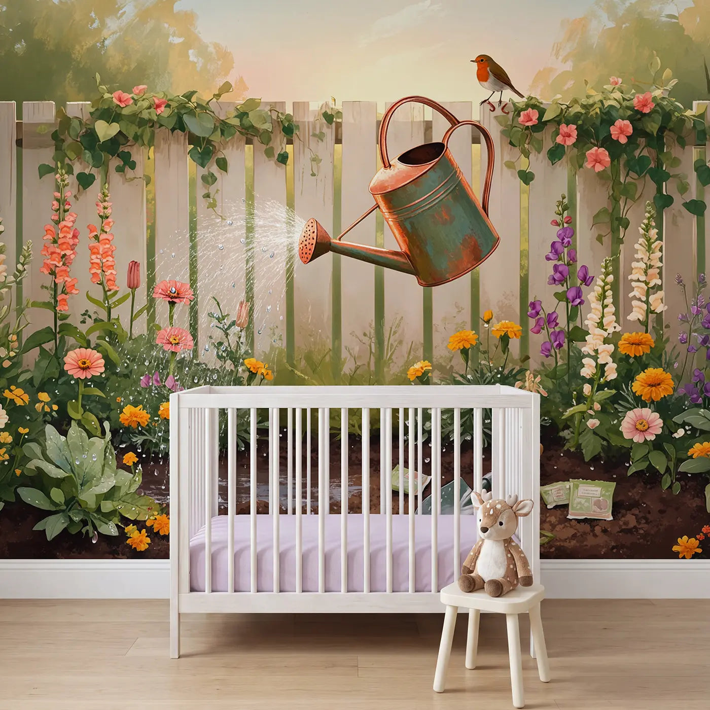 Soft pastel garden and wildflower wallpaper mural for nursery by Whimsy Tots