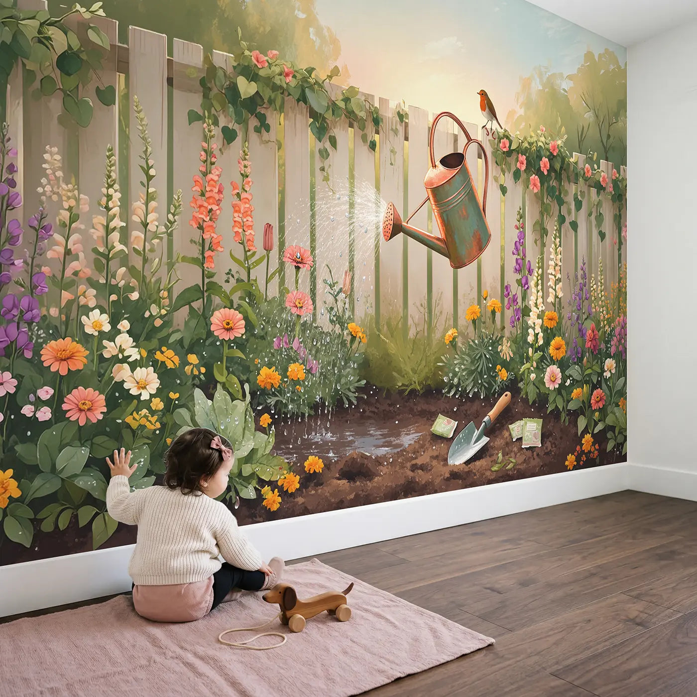 Child in nursery with Watering Can Flower Garden Wallpaper Mural by Whimsy Tots