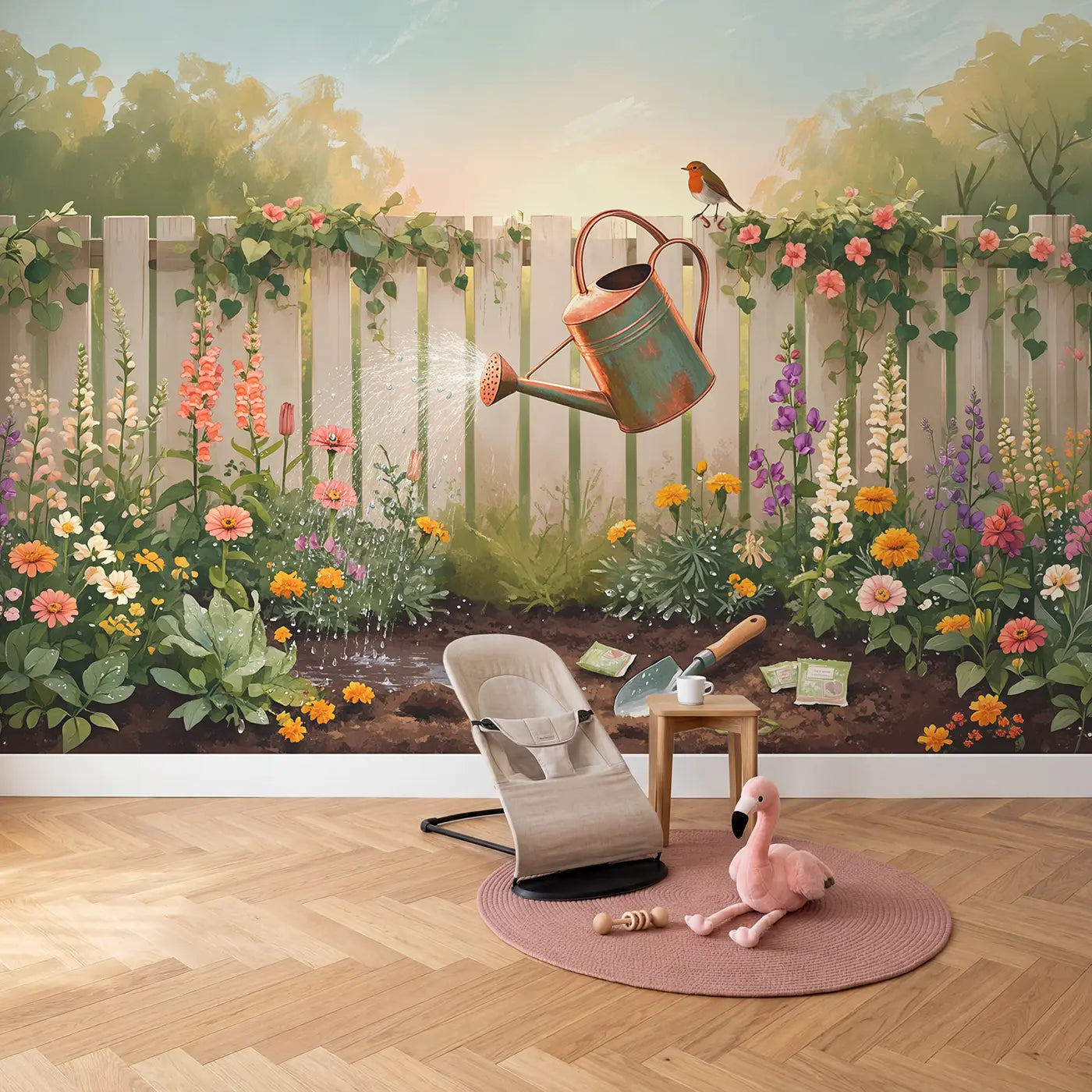 Watering Can Flower Garden Wallpaper Mural in playroom setting by Whimsy Tots
