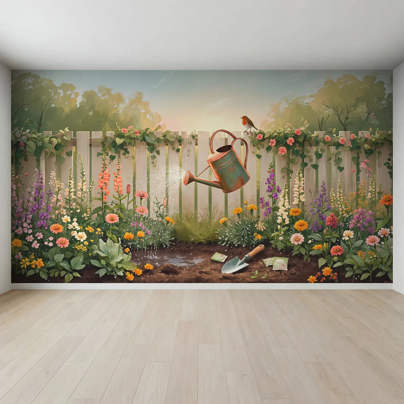 Full view of Watering Can Flower Garden Wallpaper Mural by Whimsy Tots