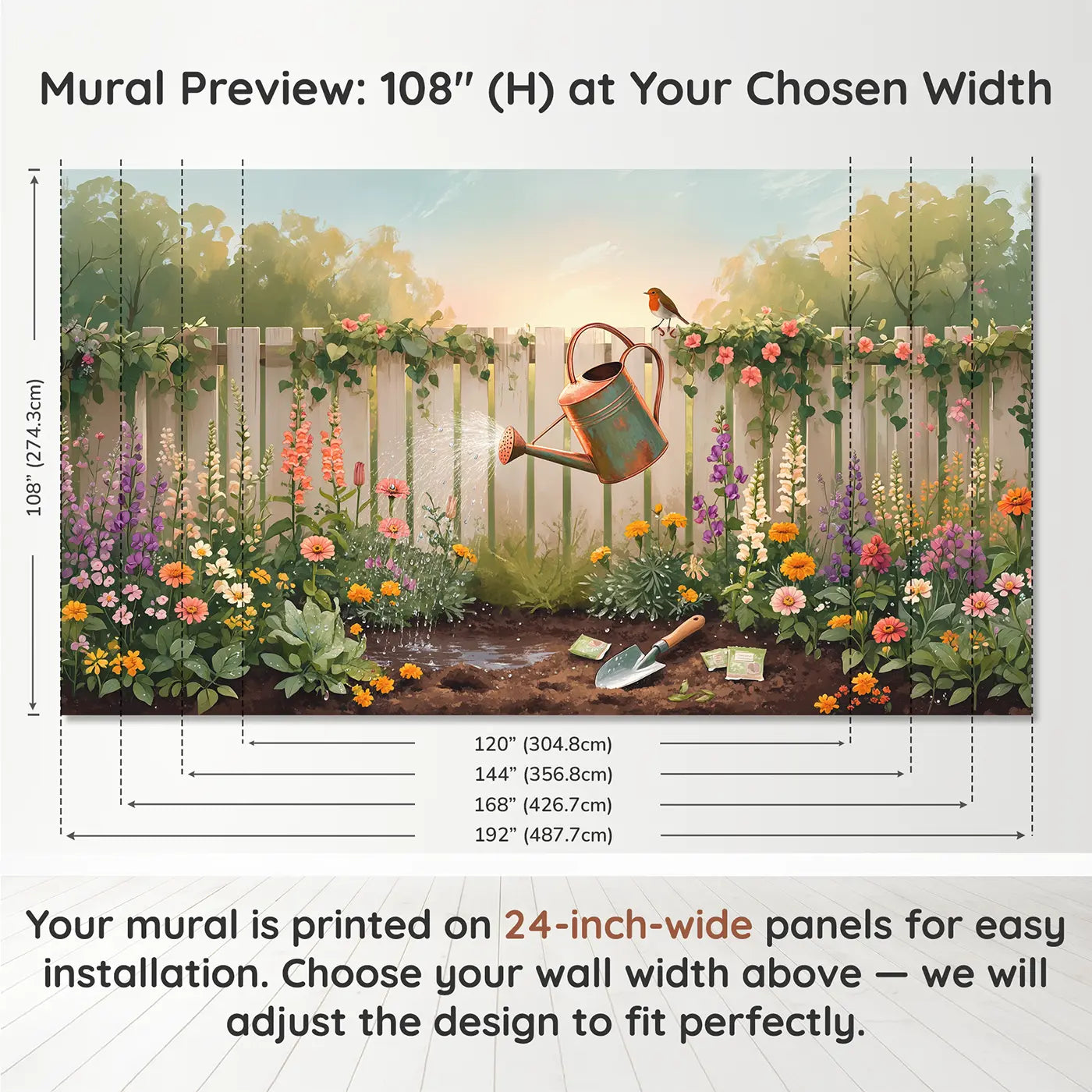 Panel layout and dimensions for Watering Can Flower Garden Wallpaper Mural by Whimsy Tots