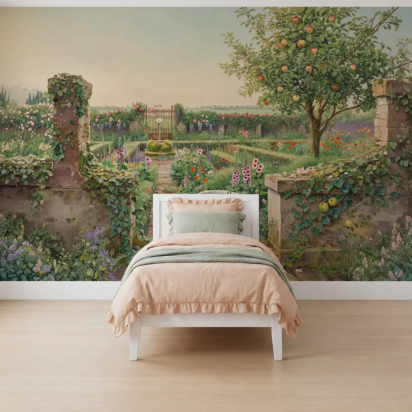 watercolor secret walled garden entrance archway wallpaper mural for kids room by Whimsy Tots