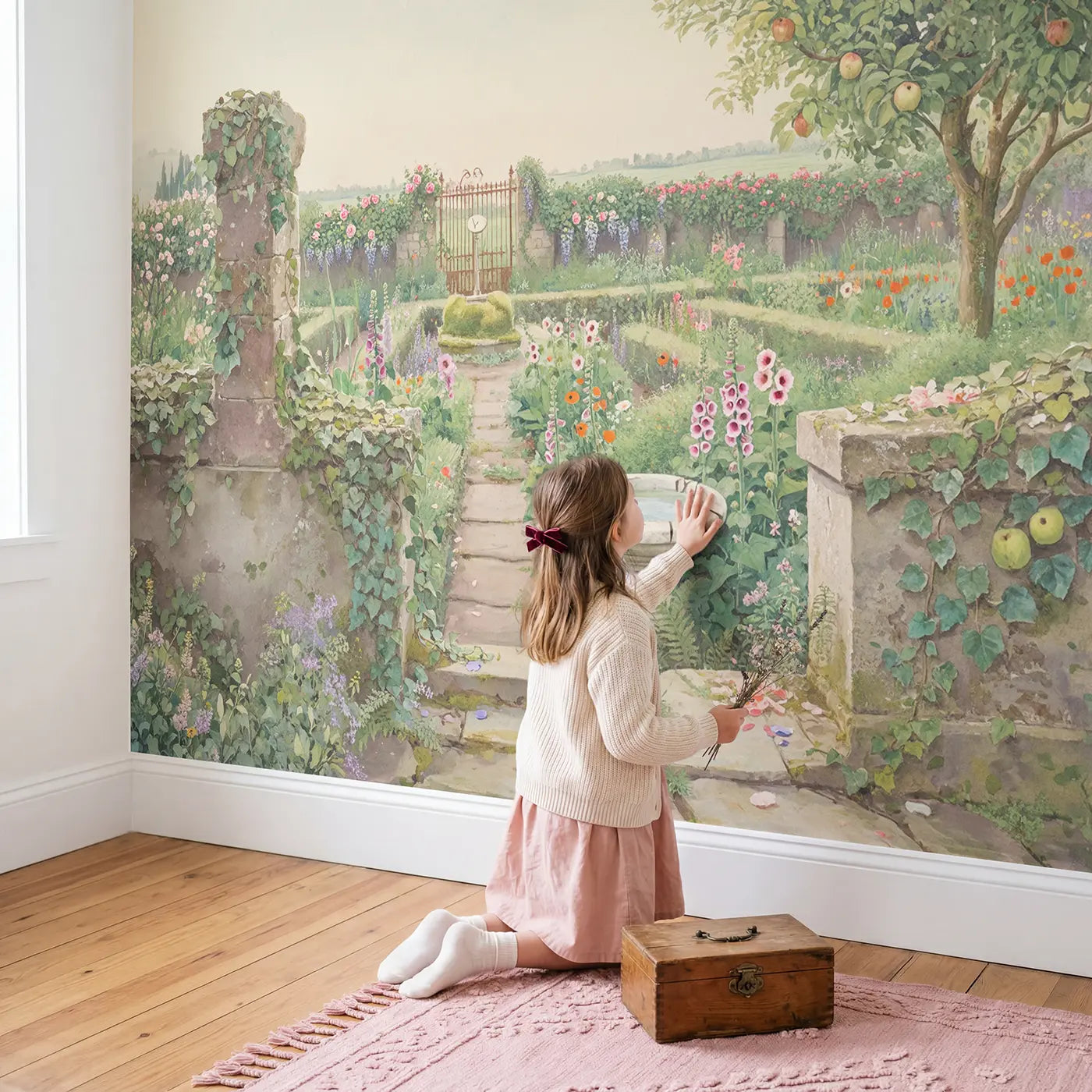 Child in nursery with Secret Walled Garden Entrance Wallpaper Mural by Whimsy Tots