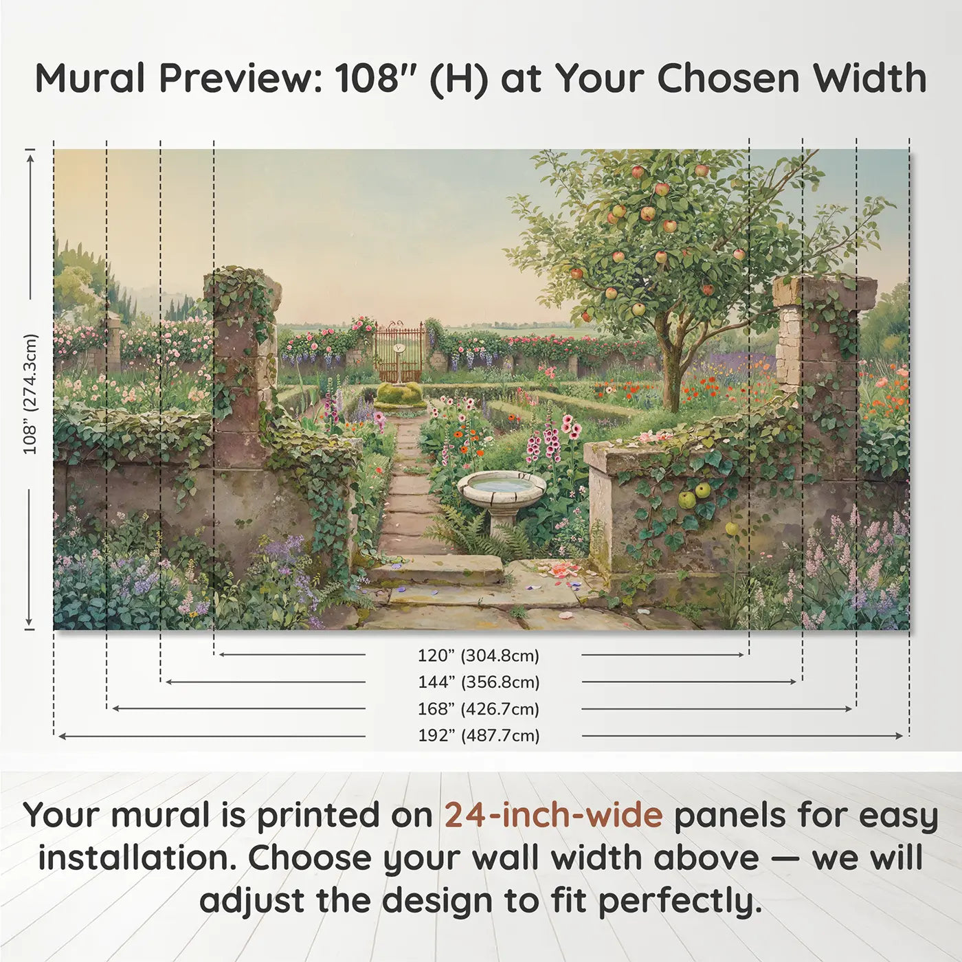 Panel layout and dimensions for Secret Walled Garden Entrance Wallpaper Mural by Whimsy Tots