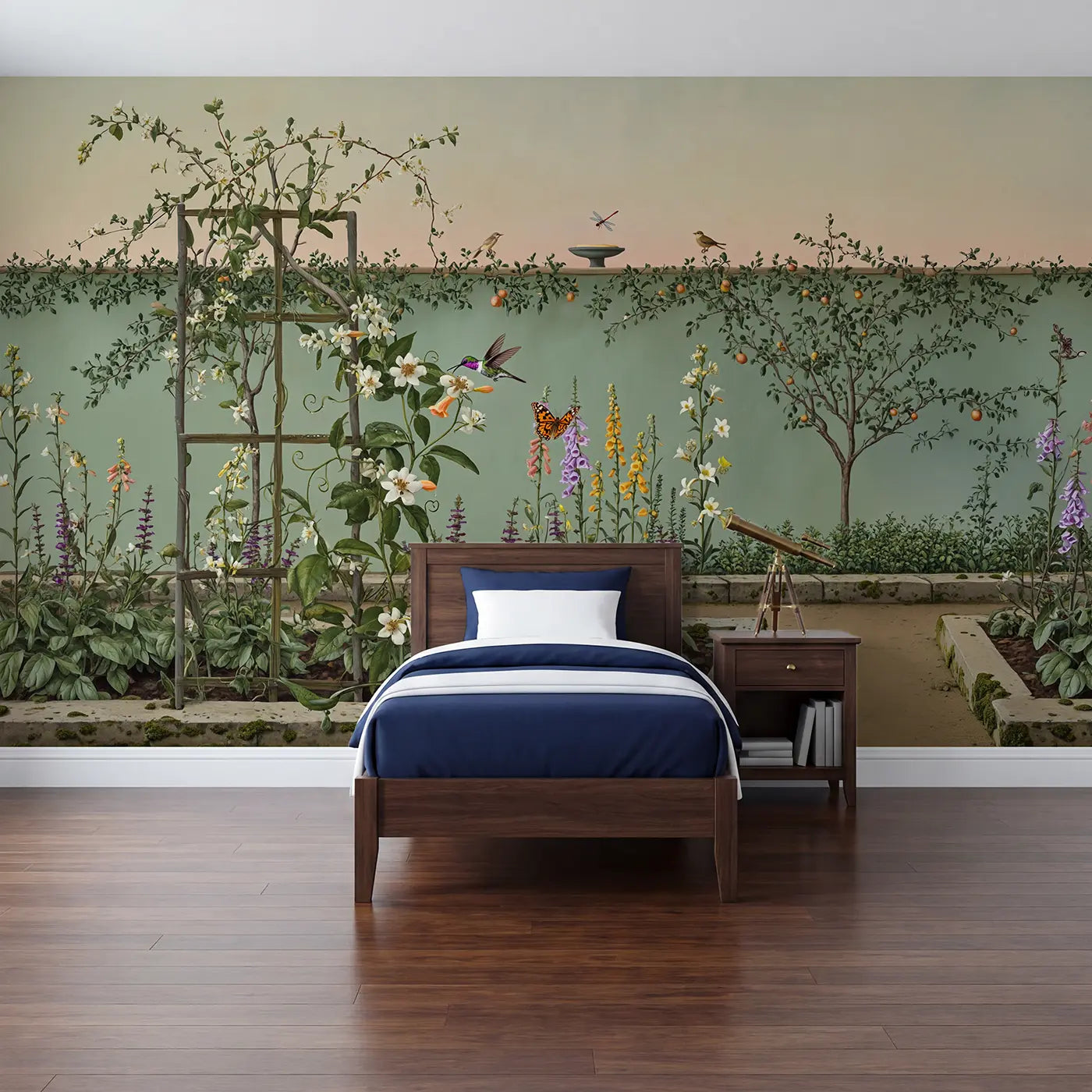 botanical elegance hummingbird butterfly garden flowers wallpaper mural for kids room by Whimsy Tots