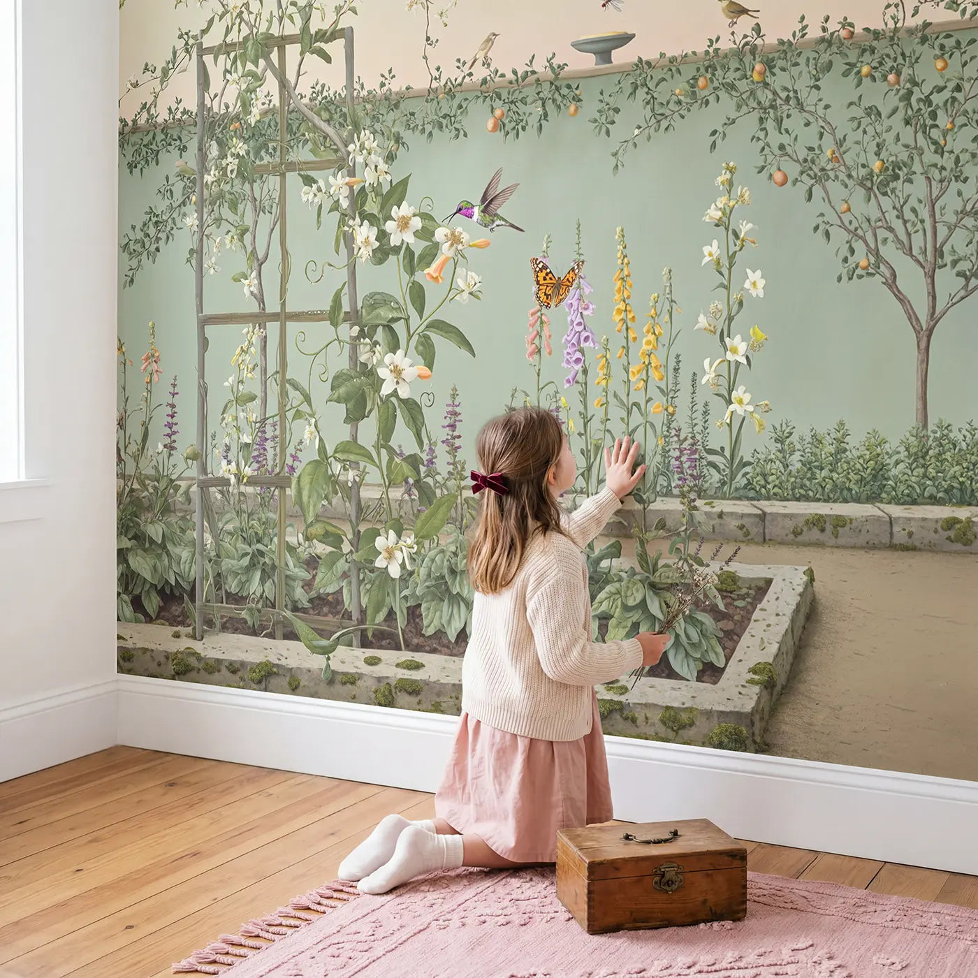 Child in nursery with Hummingbird and Butterfly Garden Wallpaper Mural by Whimsy Tots