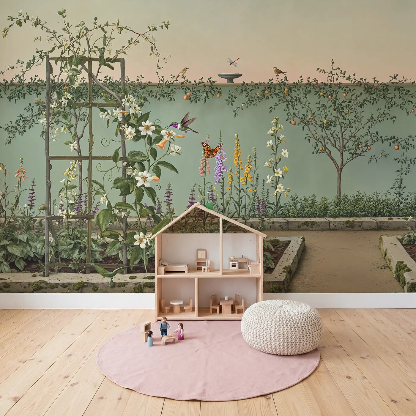 Hummingbird and Butterfly Garden Wallpaper Mural in playroom setting by Whimsy Tots