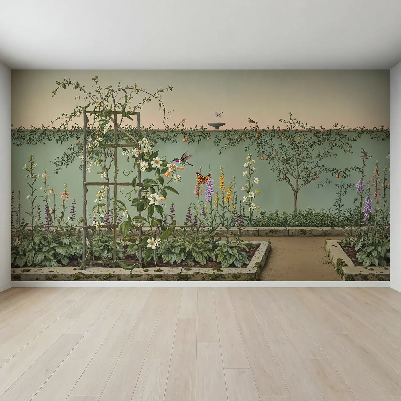 Full view of Hummingbird and Butterfly Garden Wallpaper Mural by Whimsy Tots