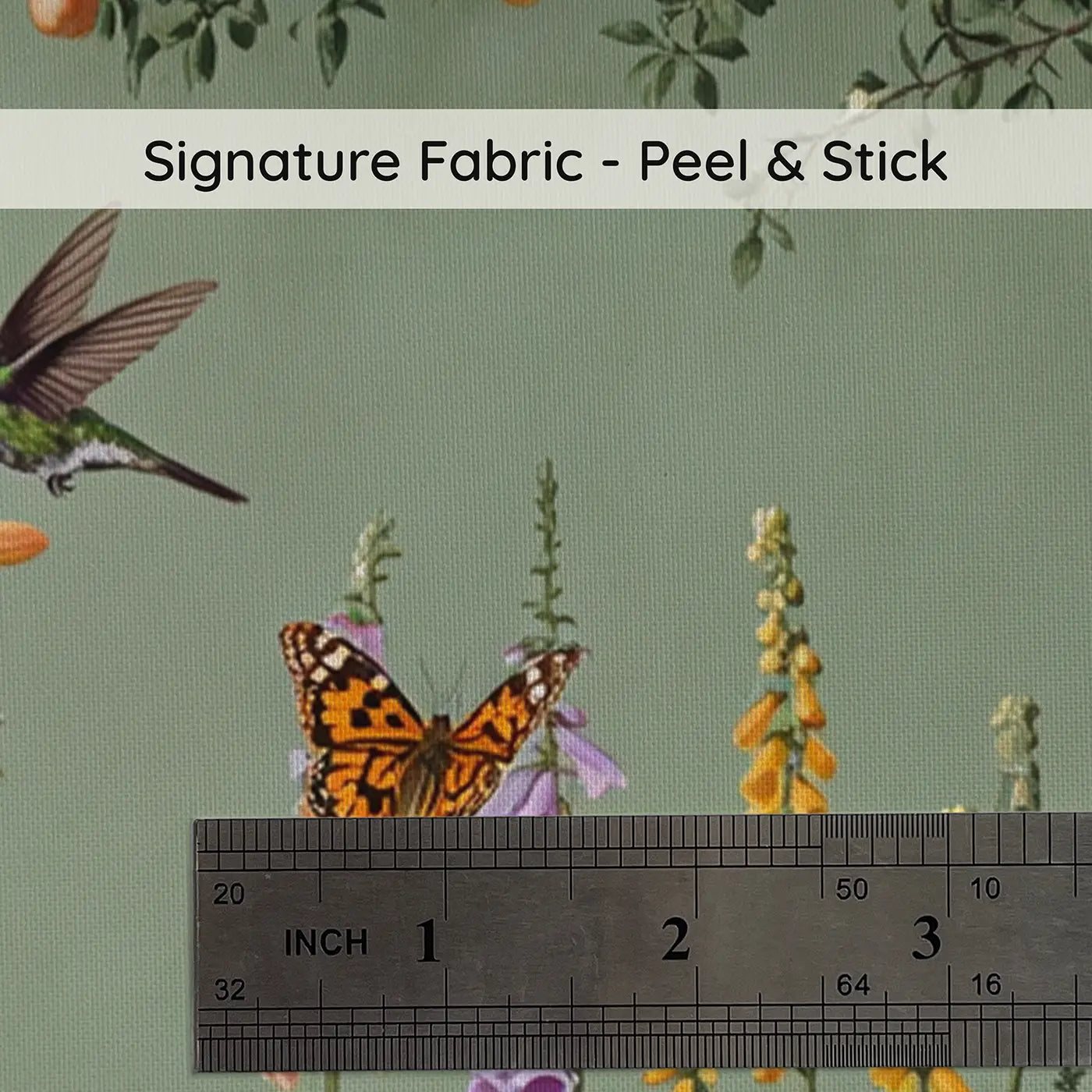 Fabric texture close-up of Hummingbird and Butterfly Garden Wallpaper Mural by Whimsy Tots