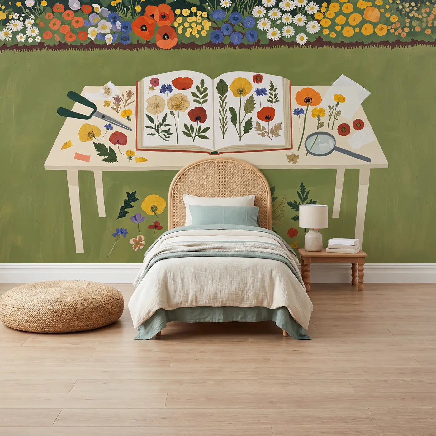 modern illustration botanical flower pressing wallpaper mural for kids room by Whimsy Tots