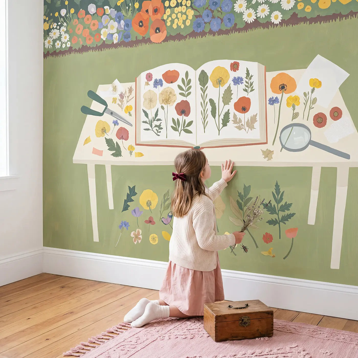 Child in nursery with Botanical Flower Pressing Wallpaper Mural by Whimsy Tots