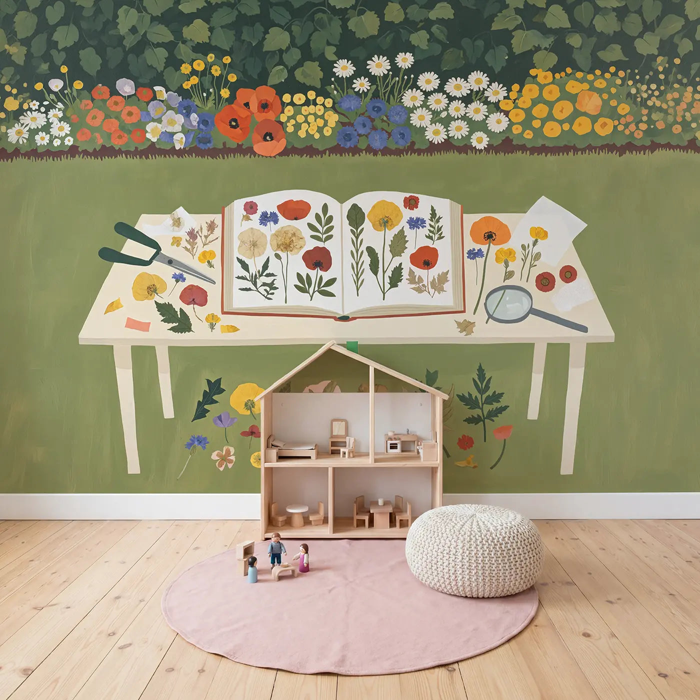 Botanical Flower Pressing Wallpaper Mural in playroom setting by Whimsy Tots