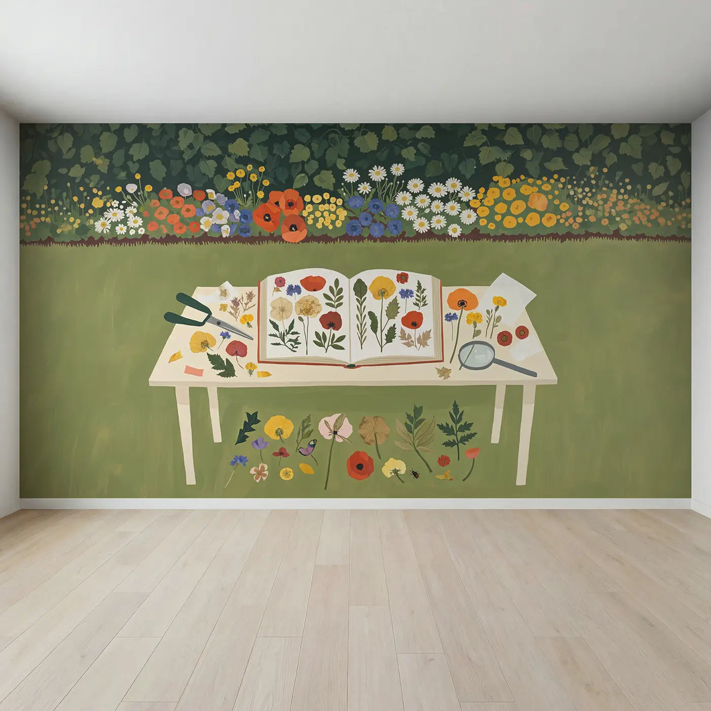Full view of Botanical Flower Pressing Wallpaper Mural by Whimsy Tots
