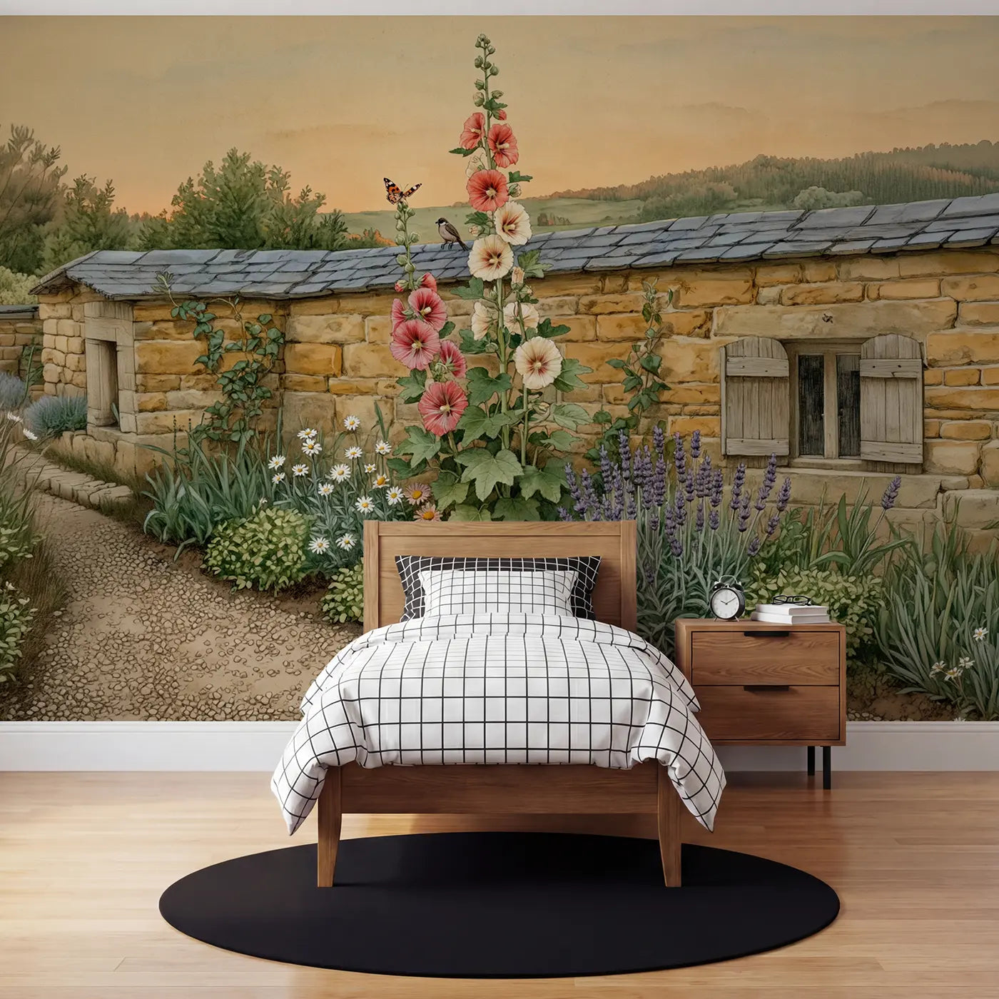 Storybook hollyhock garden butterfly wallpaper mural for kids room by Whimsy Tots