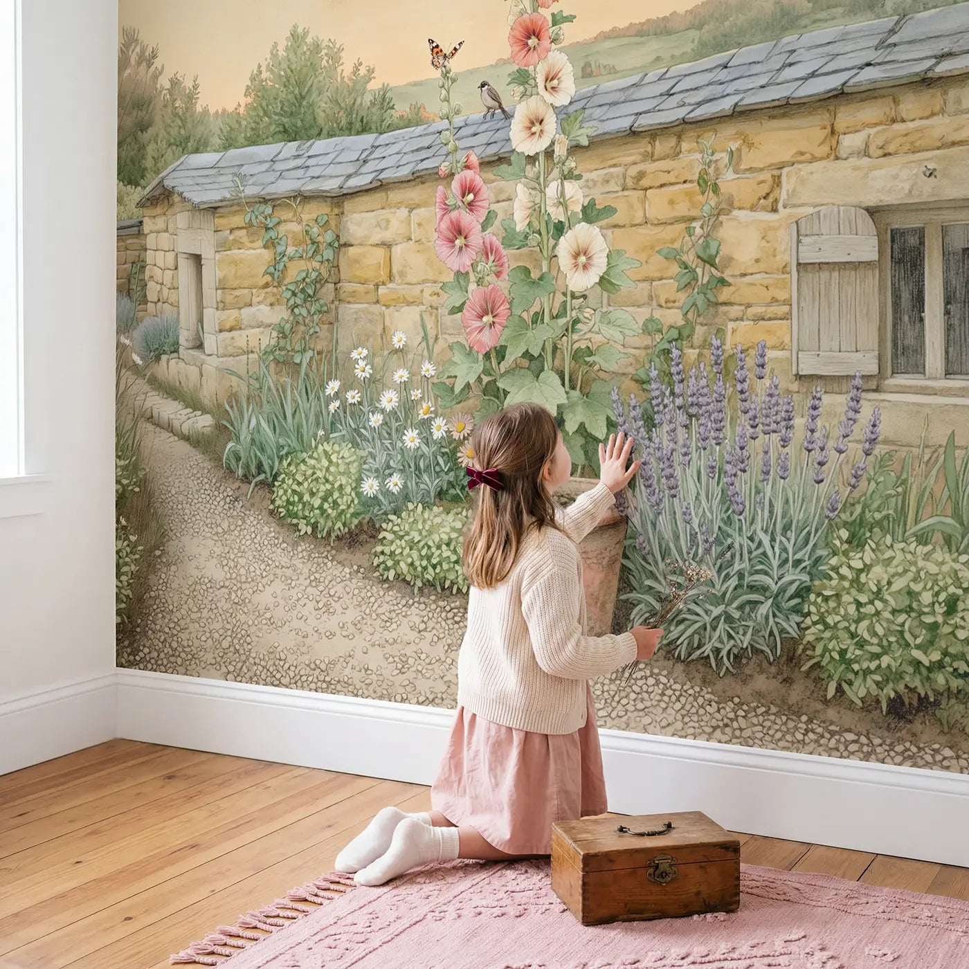Child in nursery with Hollyhock Tower Garden Wallpaper Mural by Whimsy Tots