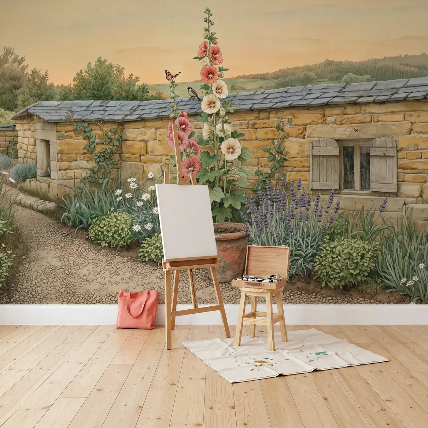 Hollyhock Tower Garden Wallpaper Mural in playroom setting by Whimsy Tots