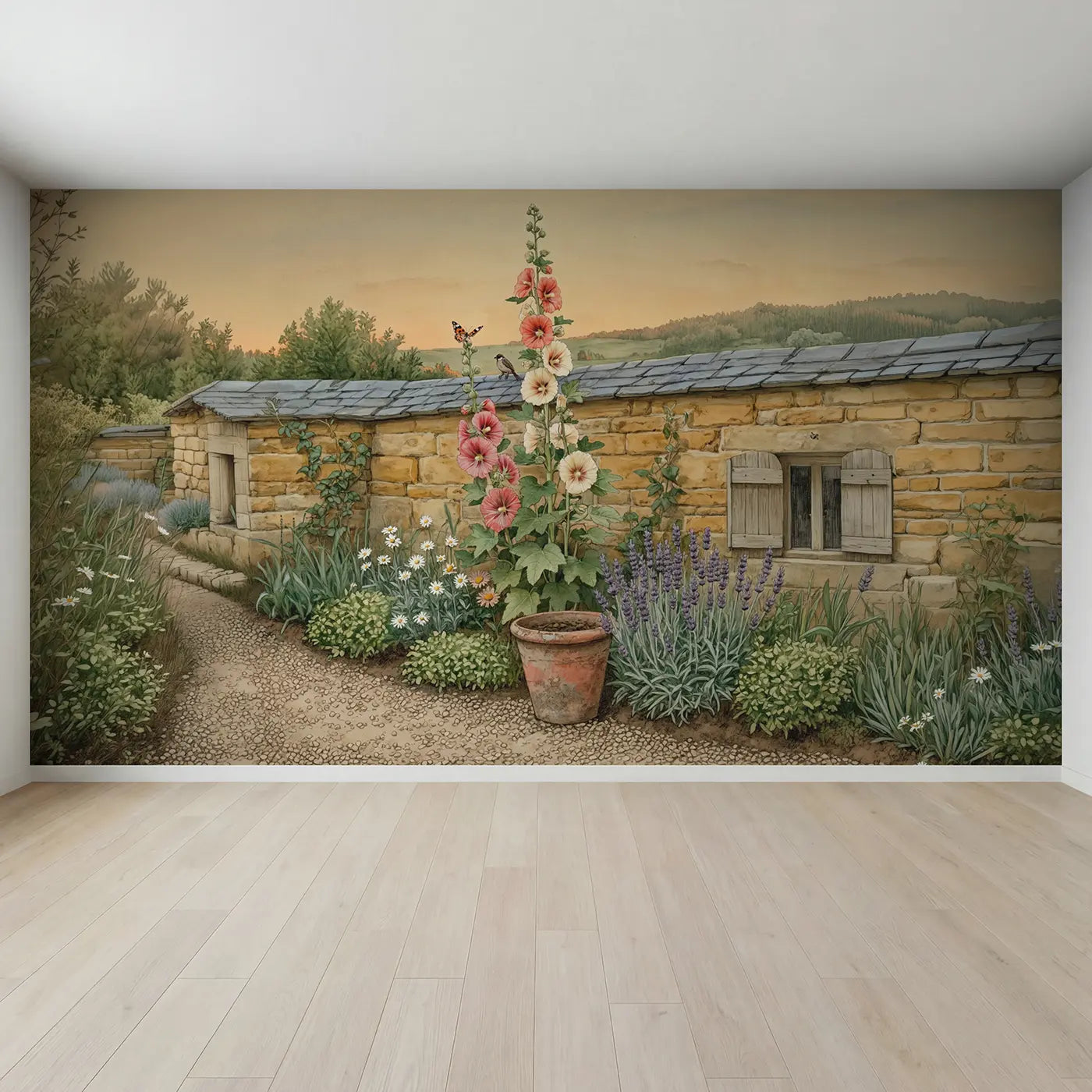 Full view of Hollyhock Tower Garden Wallpaper Mural by Whimsy Tots