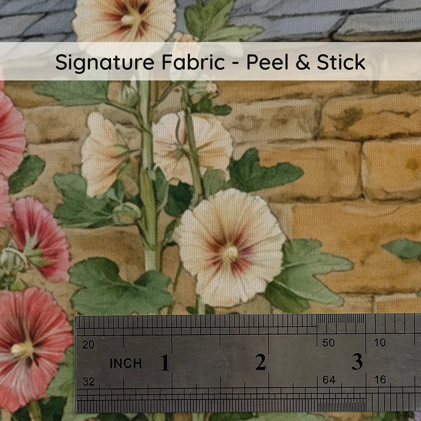 Fabric texture close-up of Hollyhock Tower Garden Wallpaper Mural by Whimsy Tots