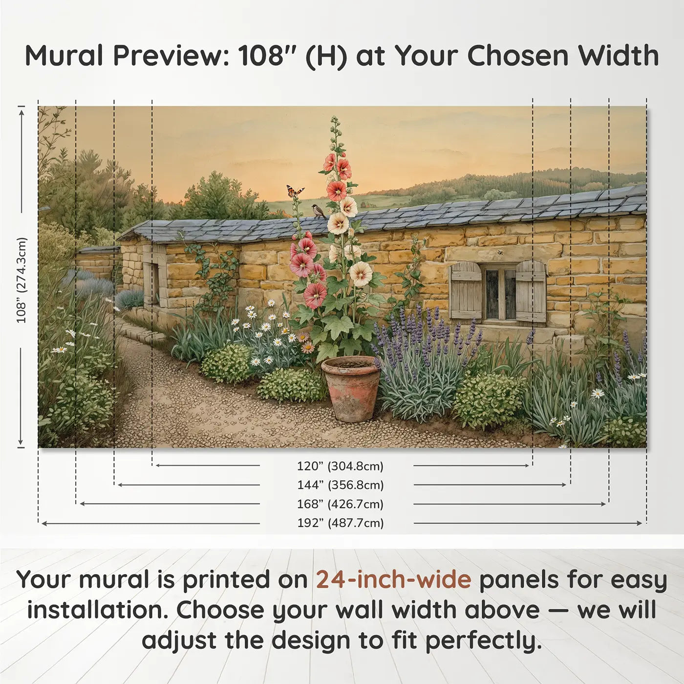 Panel layout and dimensions for Hollyhock Tower Garden Wallpaper Mural by Whimsy Tots